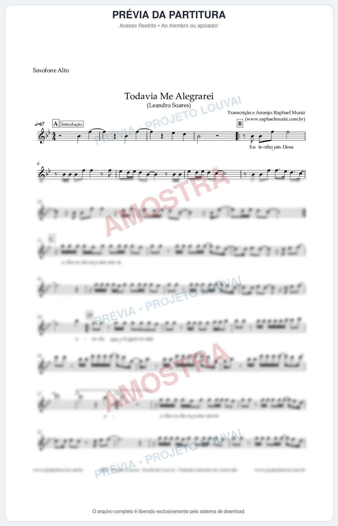 Prévia protegida da primeira página da partitura Partitura para Saxofone Alto - Todavia Me Alegrarei - Leandro Soares