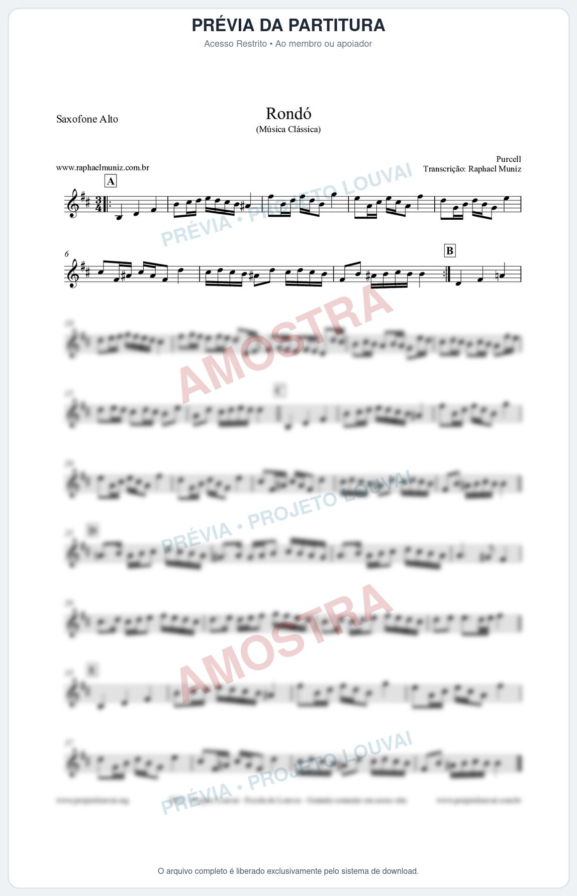 Prévia protegida da primeira página da partitura Partitura para Saxofone Alto - Rondó em Ré menor - Purcell - Músicas Eruditas