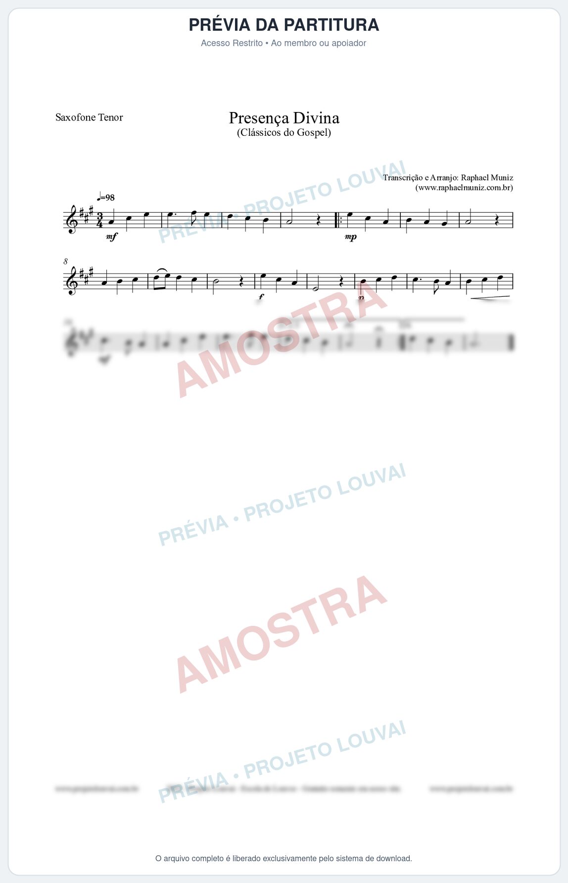 Prévia protegida da primeira página da partitura Partitura para Saxofone Tenor - Presença Divina - Cantor Cristão nº5 - Clássicos do Gospel