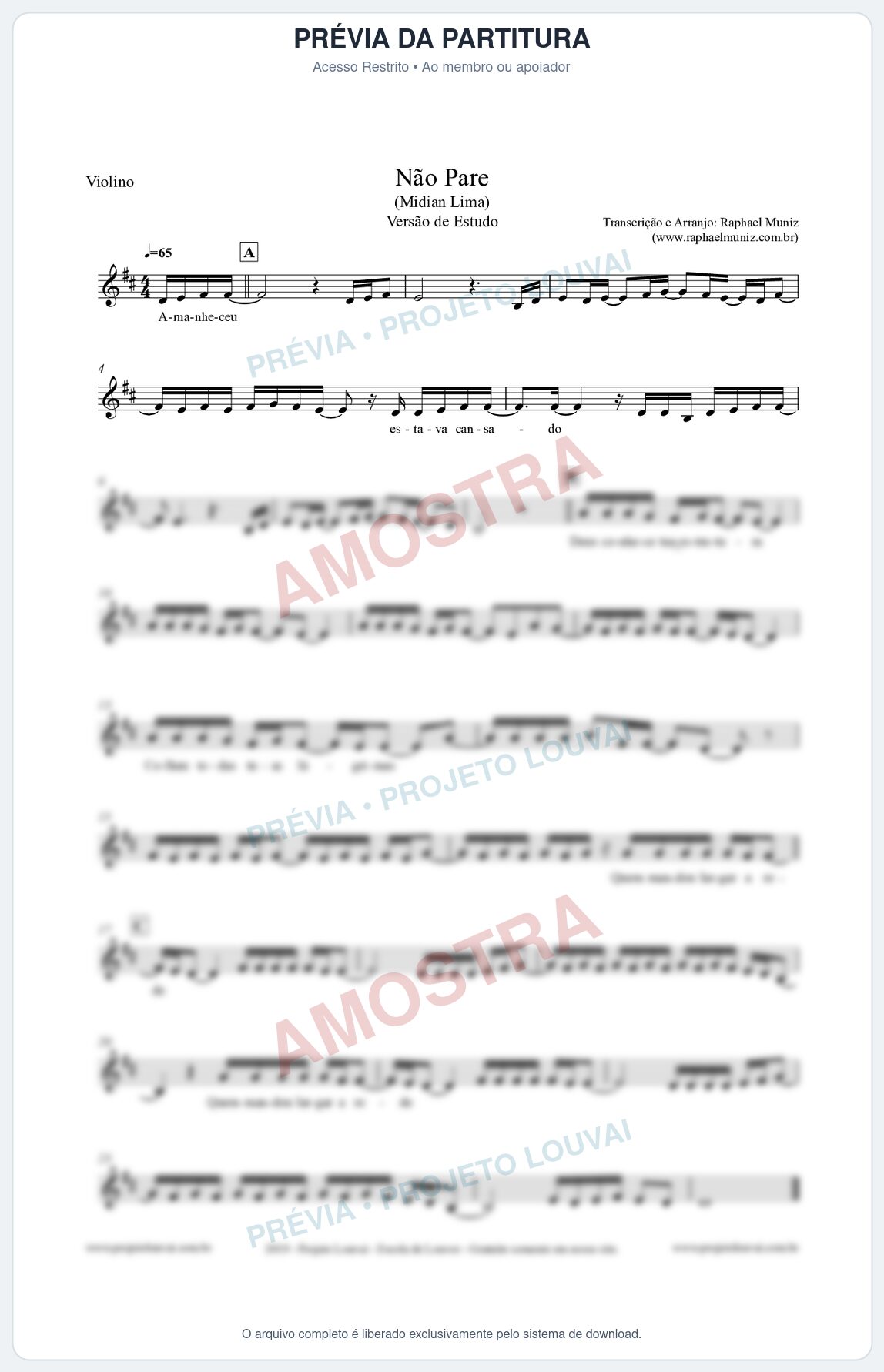 Prévia protegida da primeira página da partitura Partitura para Violino - Não Pare (Versão de Estudo) - Midian Lima