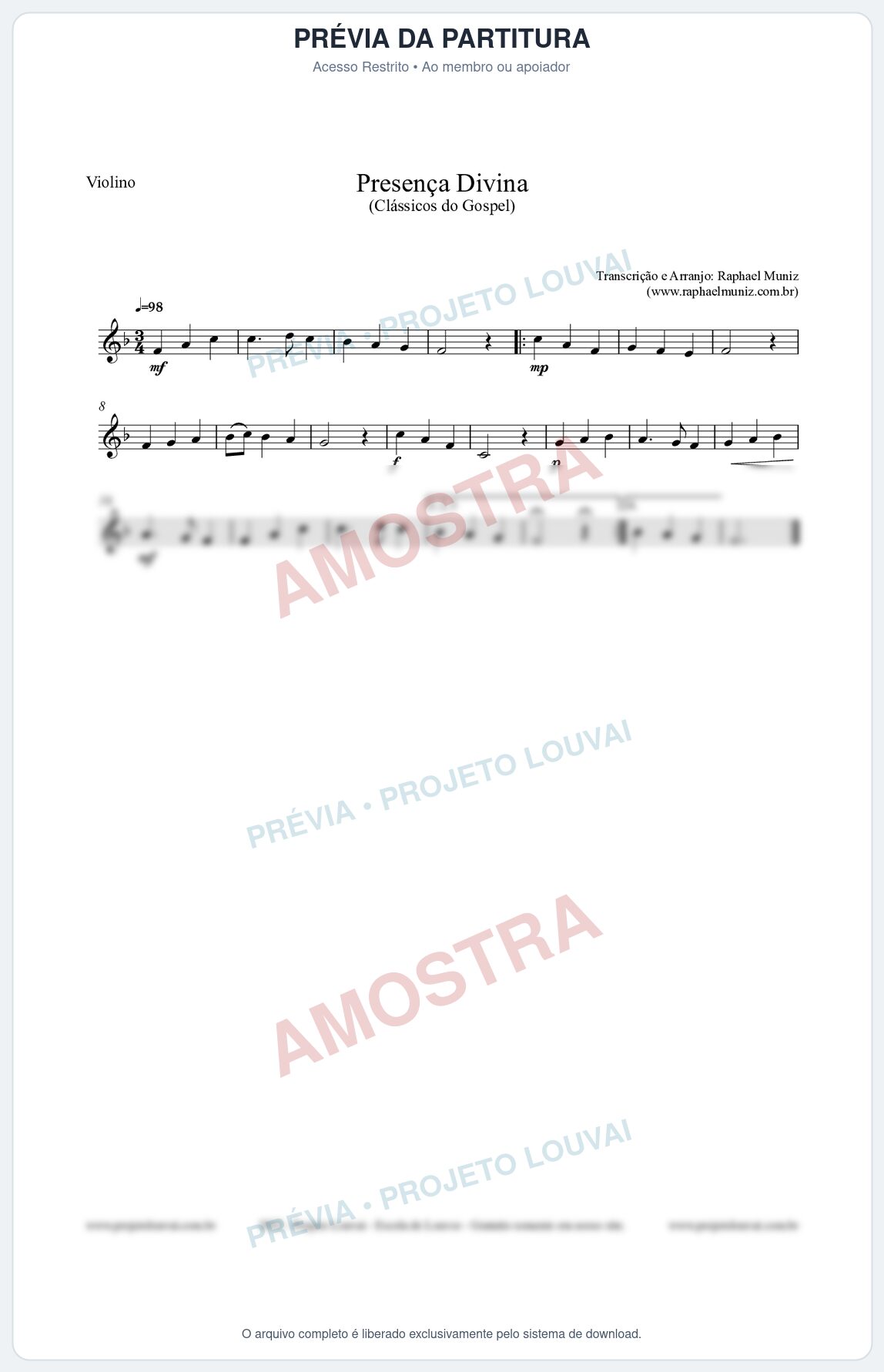 Prévia protegida da primeira página da partitura Partitura para Violino - Presença Divina - Cantor Cristão nº5 - Clássicos do Gospel