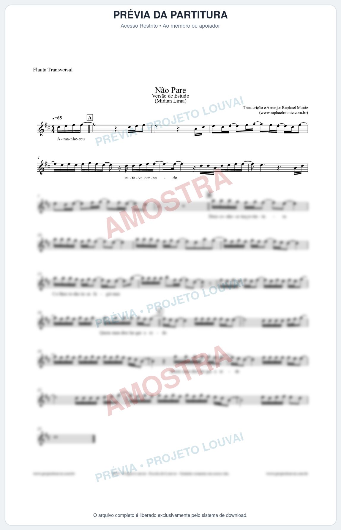 Prévia protegida da primeira página da partitura Partitura para Flauta Transversal - Não Pare (Versão de Estudo) - Midian Lima
