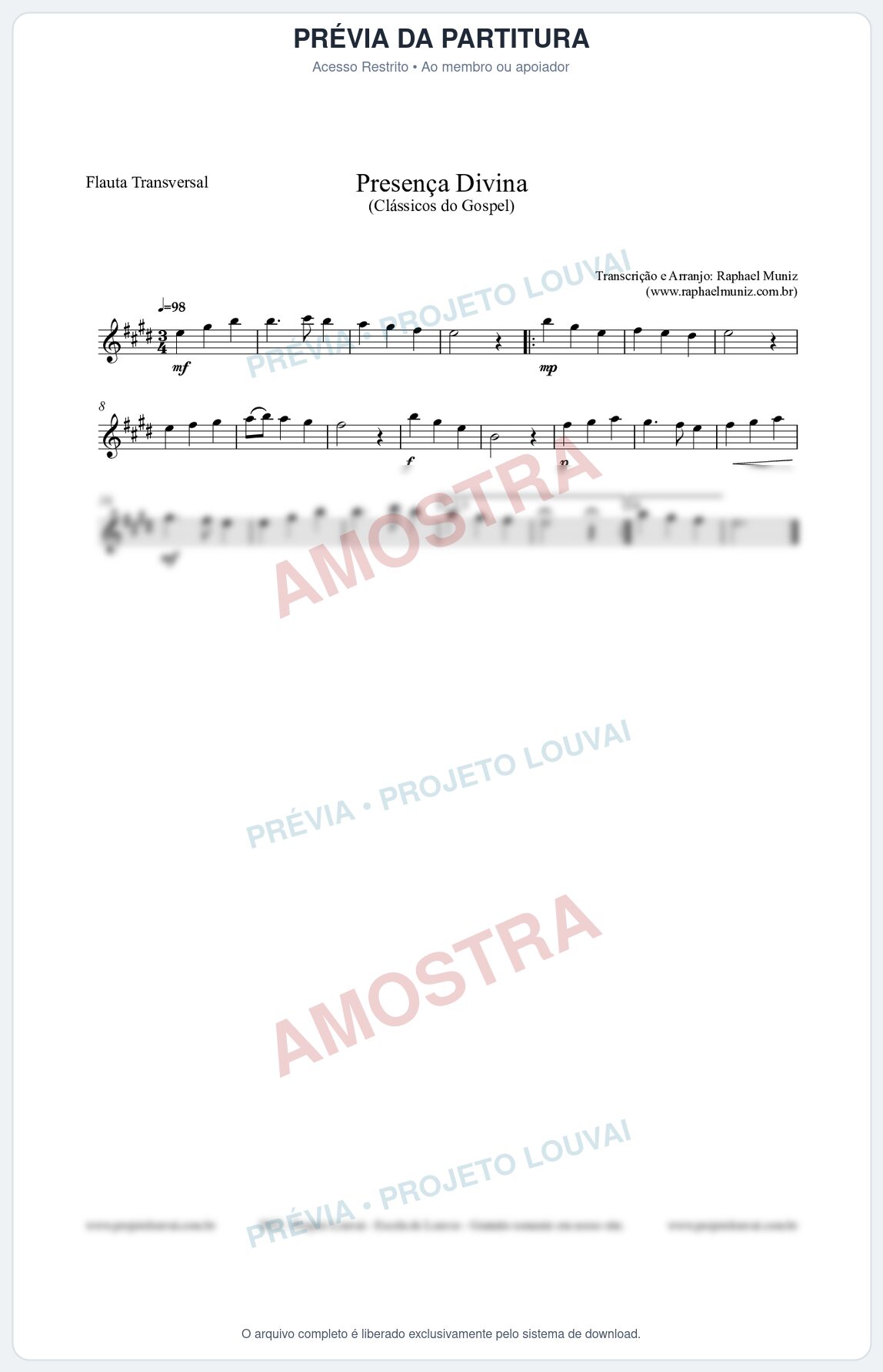 Prévia protegida da primeira página da partitura Partitura para Flauta Transversal - Presença Divina - Cantor Cristão nº5 - Clássicos do Gospel