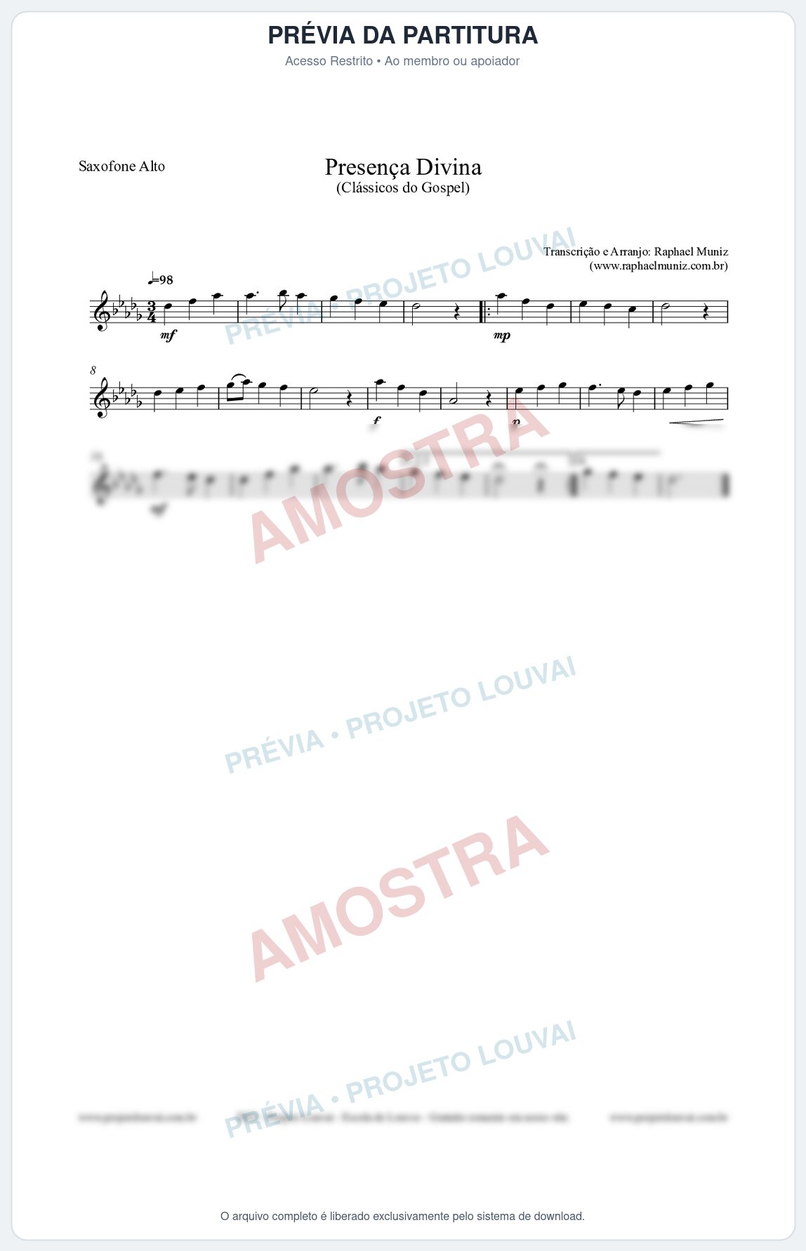 Prévia protegida da primeira página da partitura Partitura para Saxofone Alto - Presença Divina - Cantor Cristão nº5 - Clássicos do Gospel