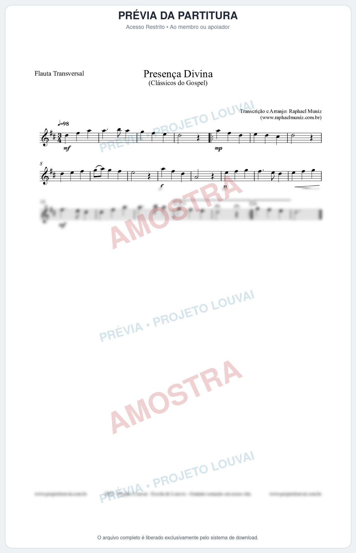 Prévia protegida da primeira página da partitura Partitura para Flauta Transversal - Presença Divina - Cantor Cristão nº5 - Clássicos do Gospel