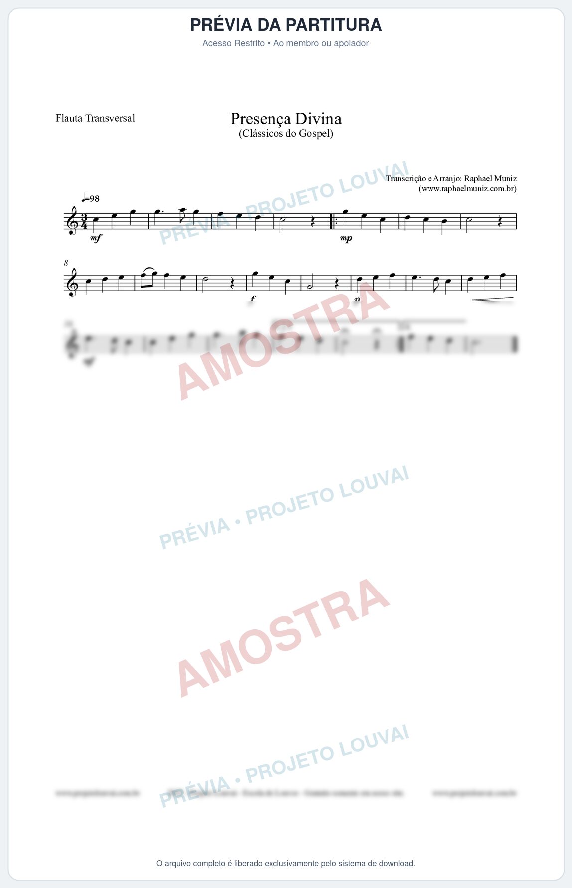 Prévia protegida da primeira página da partitura Partitura para Flauta Transversal - Presença Divina - Cantor Cristão nº5 - Clássicos do Gospel