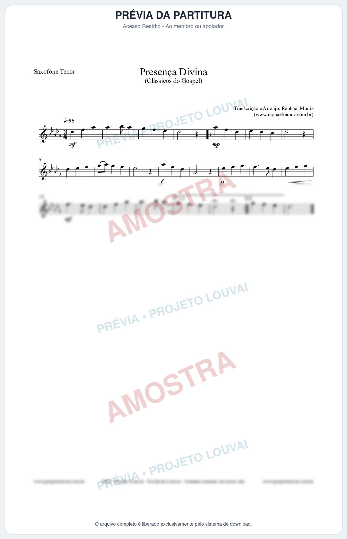 Prévia protegida da primeira página da partitura Partitura para Saxofone Tenor - Presença Divina - Cantor Cristão nº5 - Clássicos do Gospel