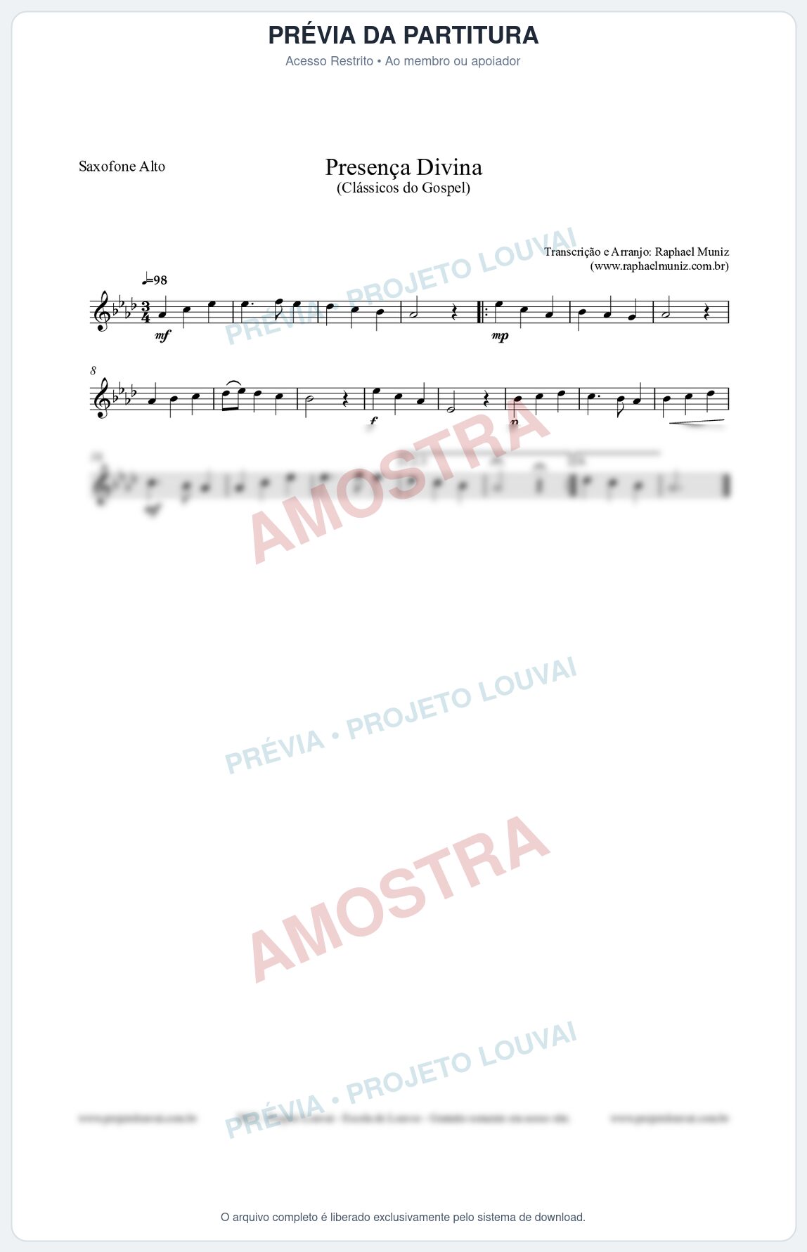 Prévia protegida da primeira página da partitura Partitura para Saxofone Alto - Presença Divina - Cantor Cristão nº5 - Clássicos do Gospel