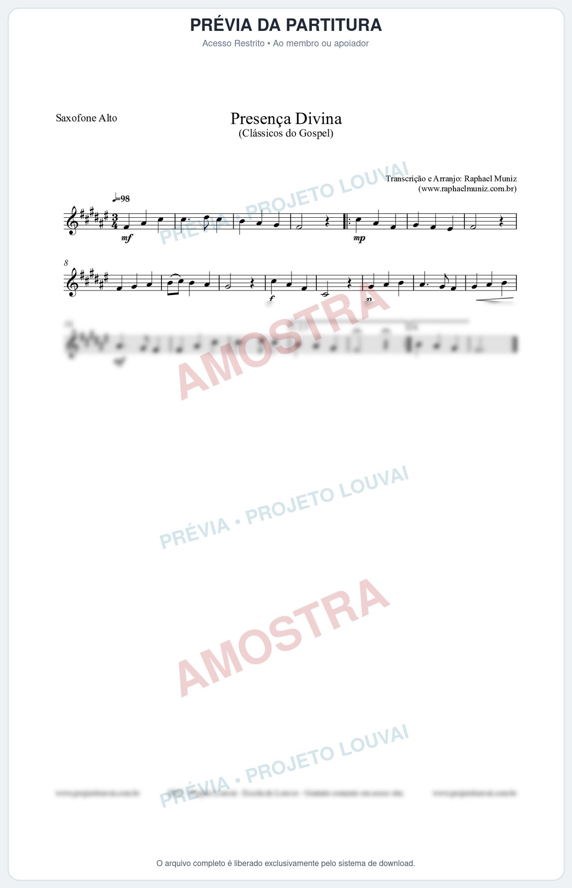 Prévia protegida da primeira página da partitura Partitura para Saxofone Alto - Presença Divina - Cantor Cristão nº5 - Clássicos do Gospel