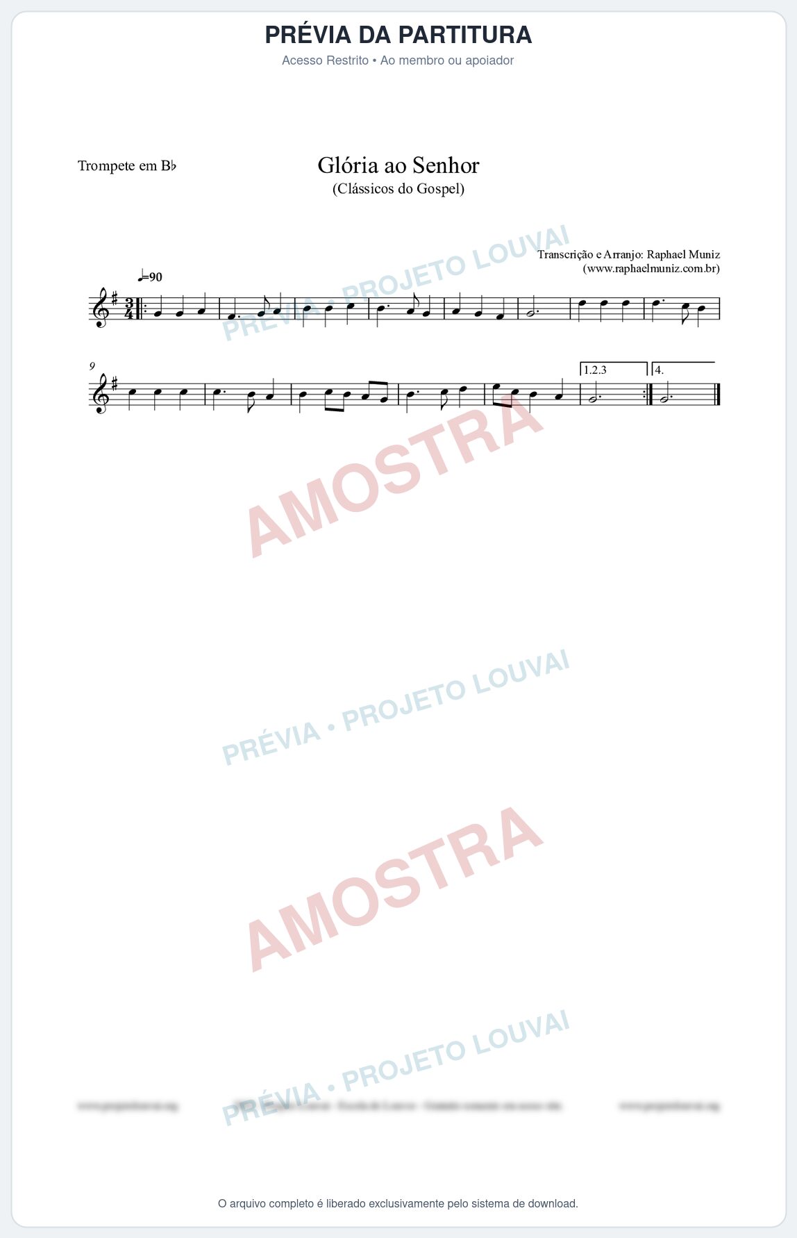 Prévia protegida da primeira página da partitura Partitura para Trompete em Bb - Glória ao Senhor - Cantor Cristão nº6 - Clássicos do Gospel