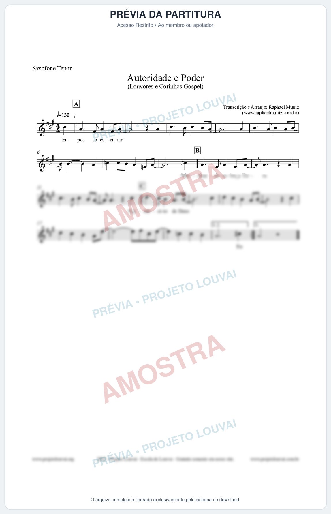 Prévia protegida da primeira página da partitura Partitura para Saxofone Tenor - Exército de Deus - Louvores e Corinhos Gospel