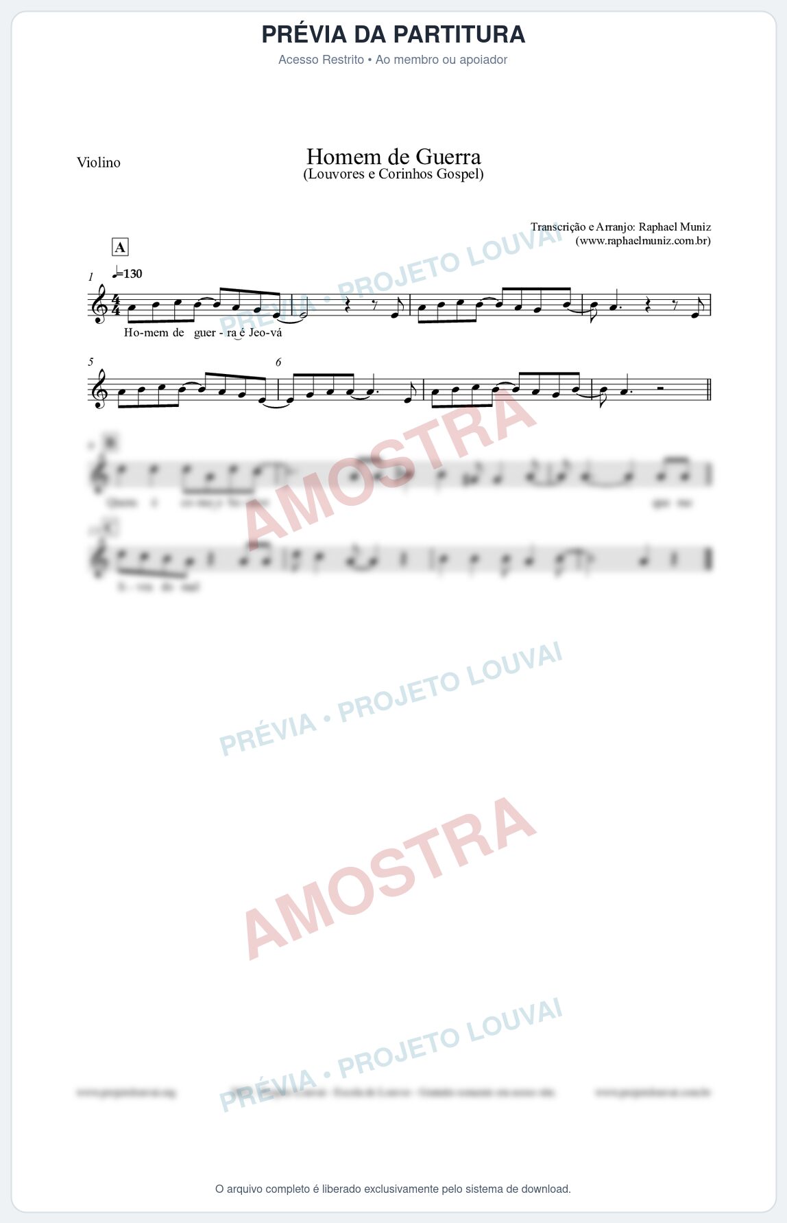 Prévia protegida da primeira página da partitura Partitura para Violino - Homem de Guerra - Louvores e Corinhos Gospel