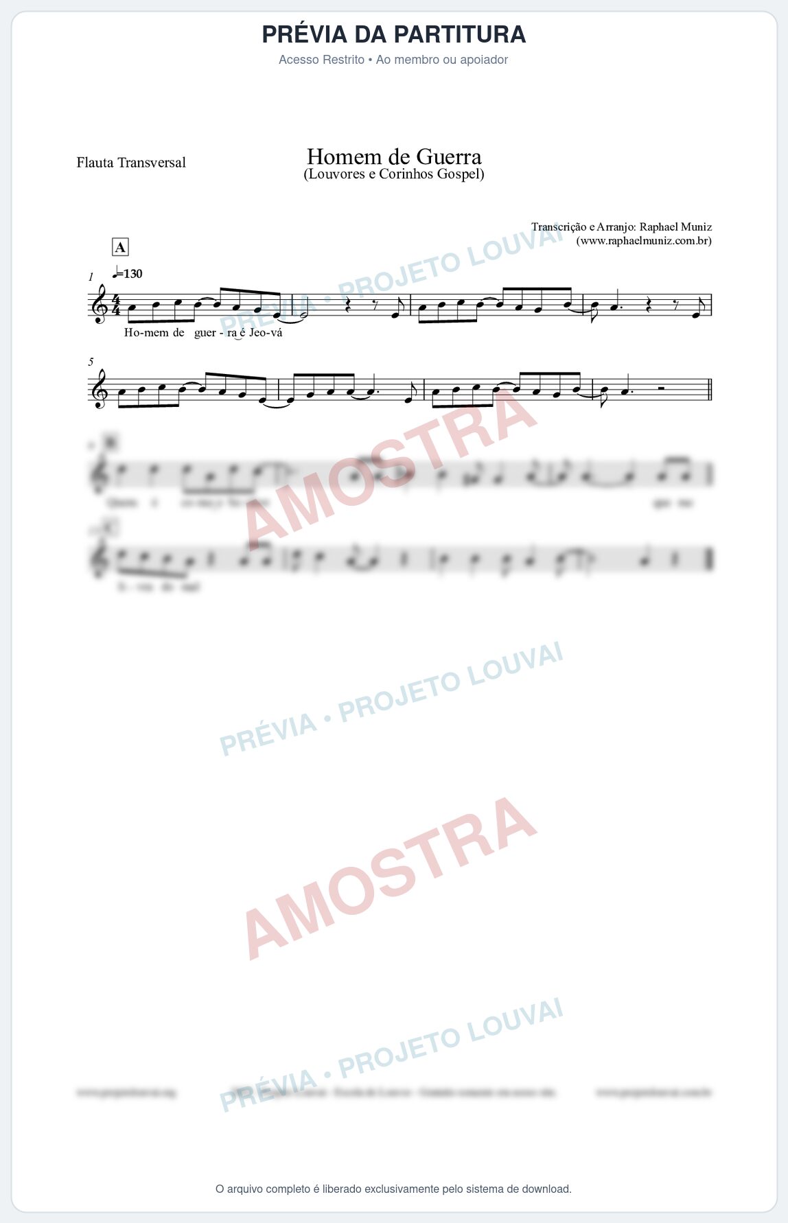 Prévia protegida da primeira página da partitura Partitura para Flauta Transversal - Homem de Guerra - Louvores e Corinhos Gospel