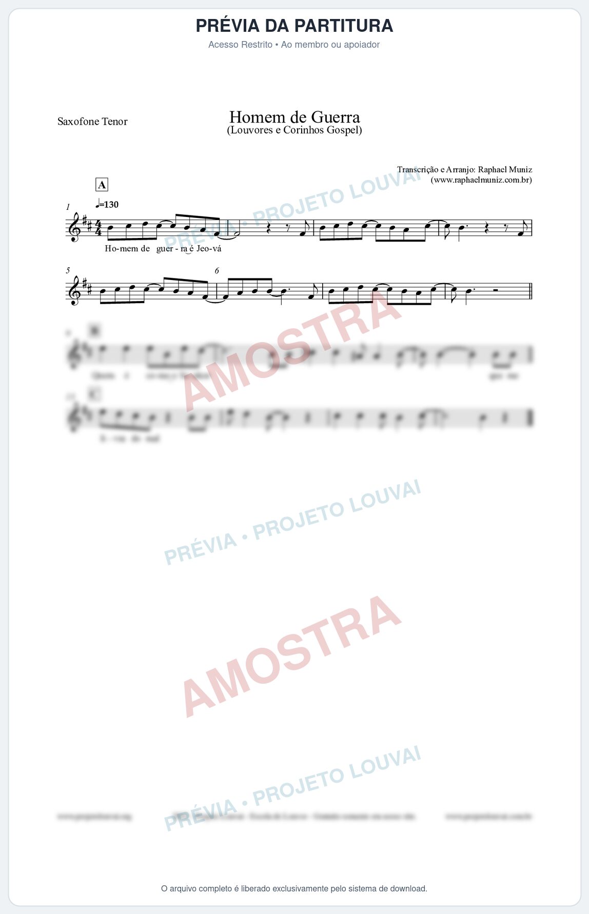 Prévia protegida da primeira página da partitura Partitura para Saxofone Tenor - Homem de Guerra - Louvores e Corinhos Gospel
