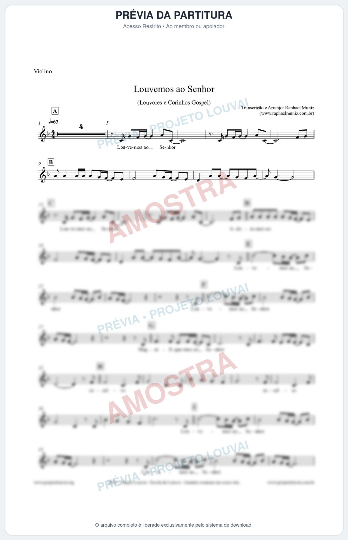 Prévia protegida da primeira página da partitura Partitura para Violino - Louvemos ao Senhor - Louvores e Corinhos Gospel