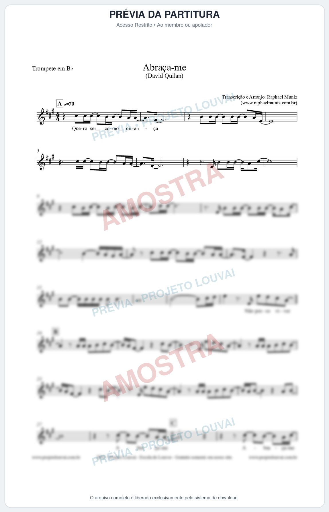 Prévia protegida da primeira página da partitura Partitura para Trompete em Bb - Abraça-me - David Quinlan
