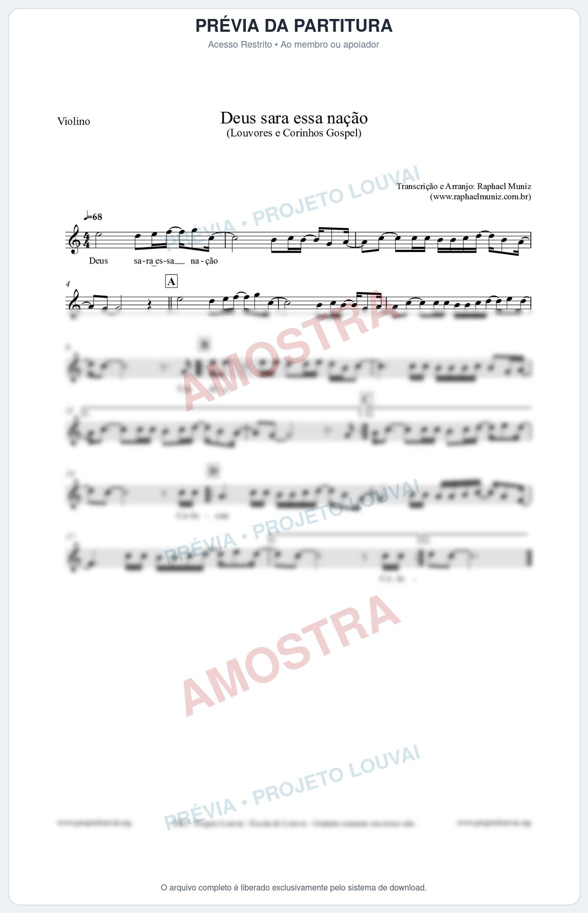 Prévia protegida da primeira página da partitura Partitura para Violino - Deus sara essa nação - Louvores e Corinhos Gospel