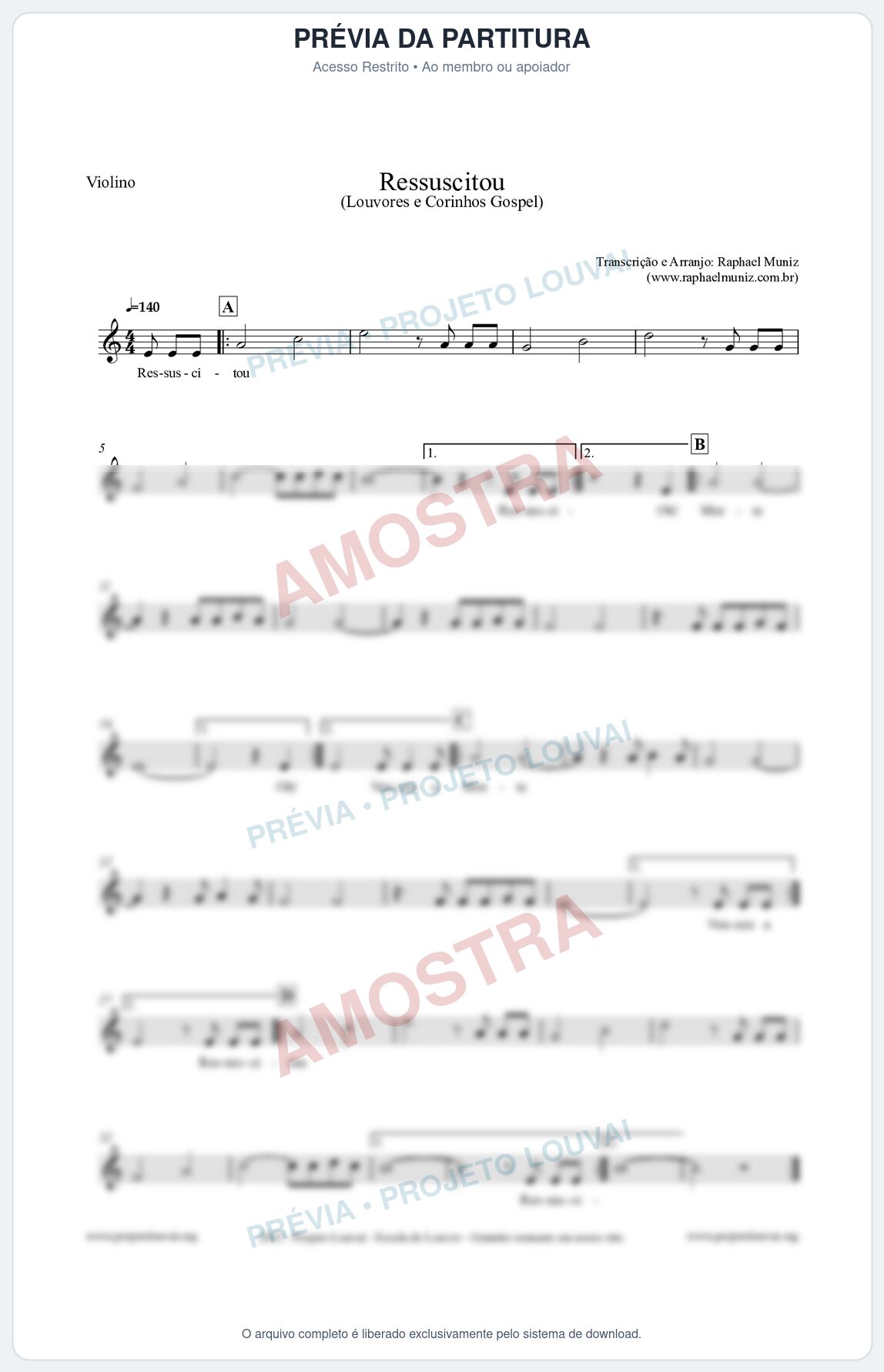 Prévia protegida da primeira página da partitura Partitura para Violino - Ressuscitou - Louvores e Corinhos Gospel
