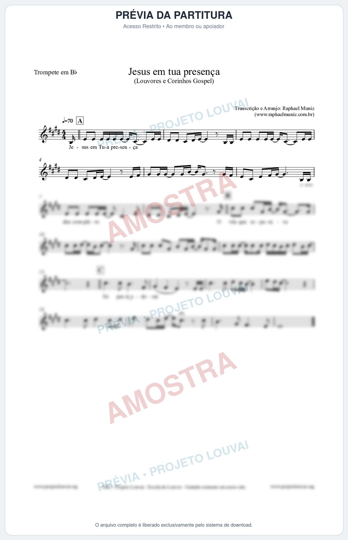 Prévia protegida da primeira página da partitura Partitura para Trompete em Bb - Jesus em tua presença - Louvores e Corinhos Gospel