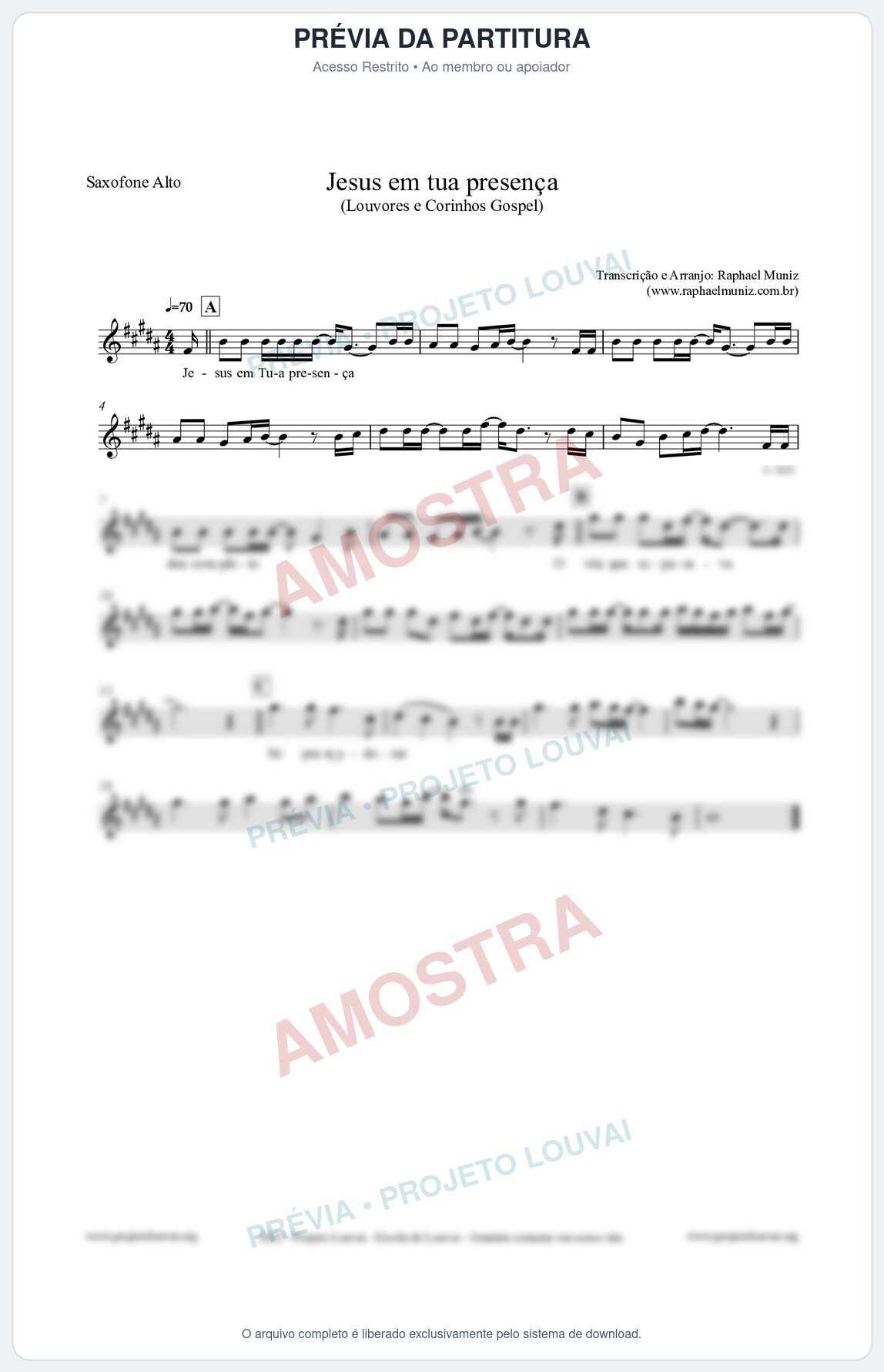 Prévia protegida da primeira página da partitura Partitura para Saxofone Alto - Jesus em tua presença - Louvores e Corinhos Gospel
