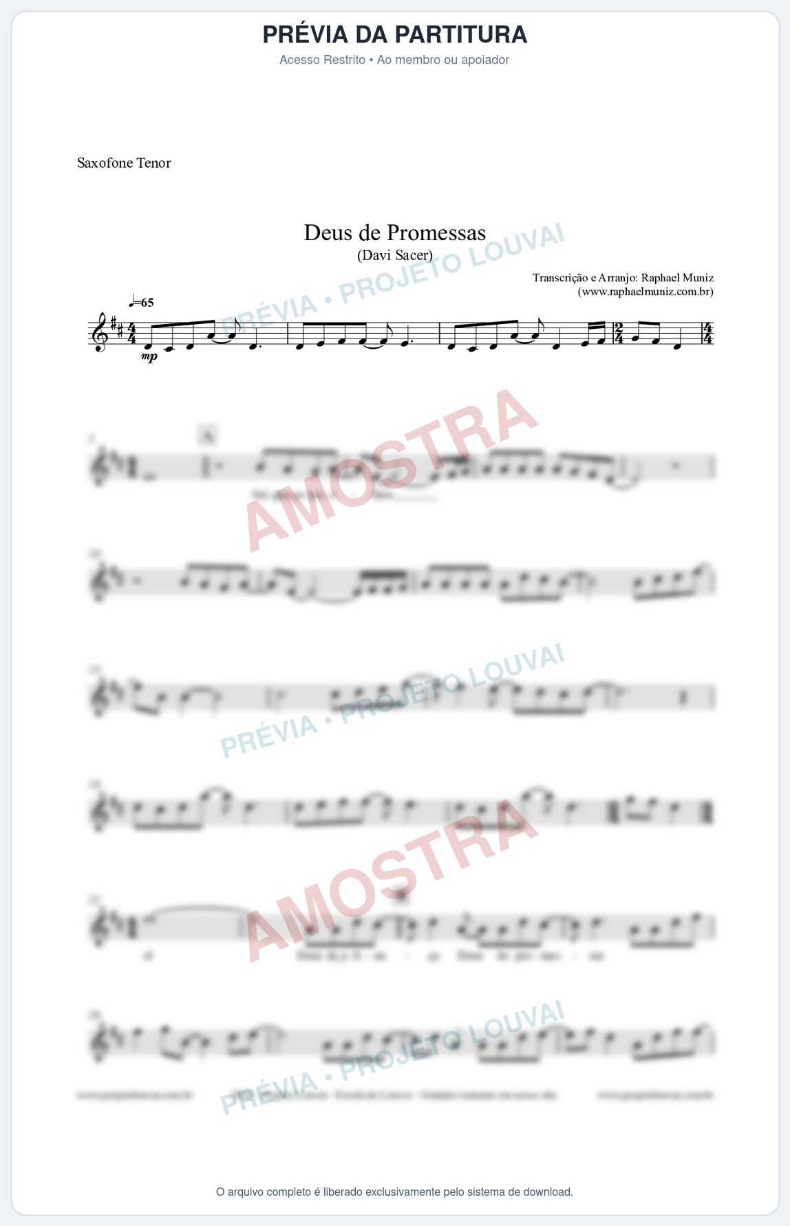 Prévia protegida da primeira página da partitura Partitura para Saxofone Tenor - Deus de Promessas - Davi Sacer