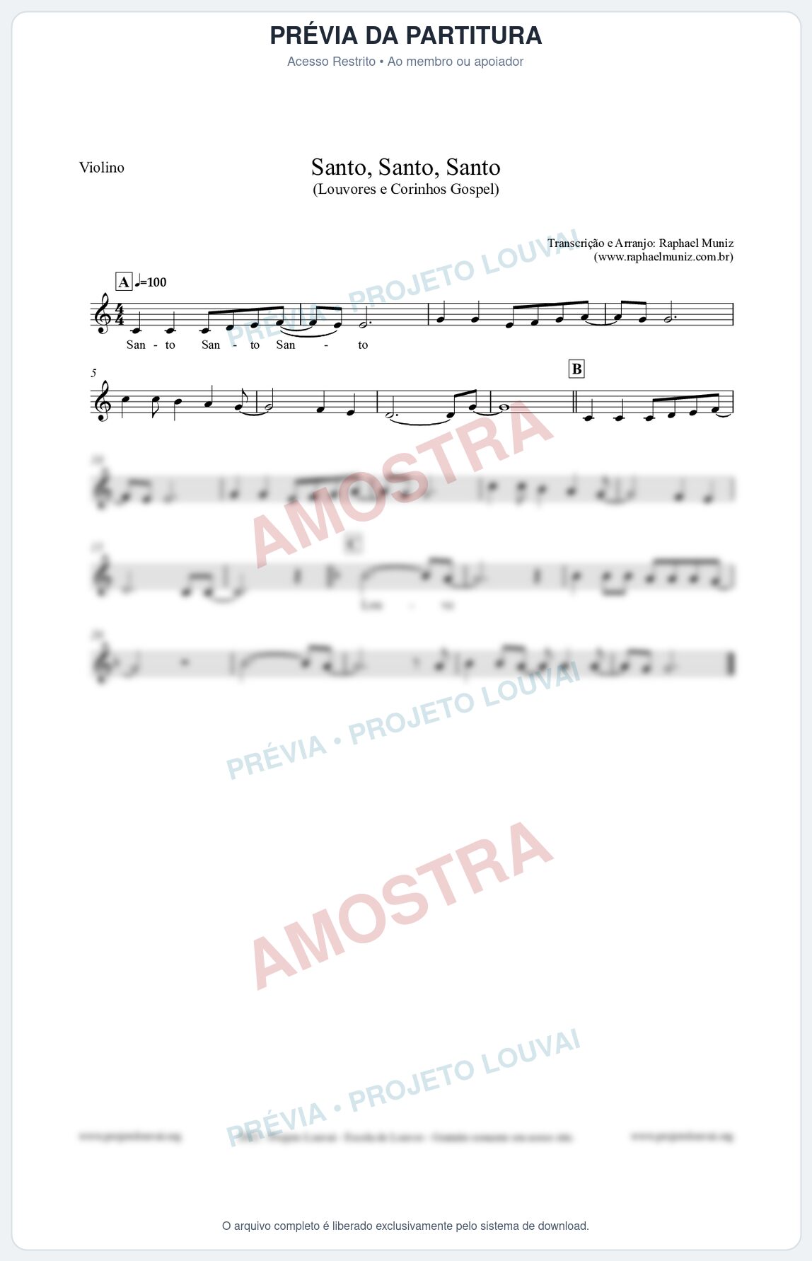 Prévia protegida da primeira página da partitura Partitura para Violino - Santo, Santo, Santo - Louvores e Corinhos Gospel