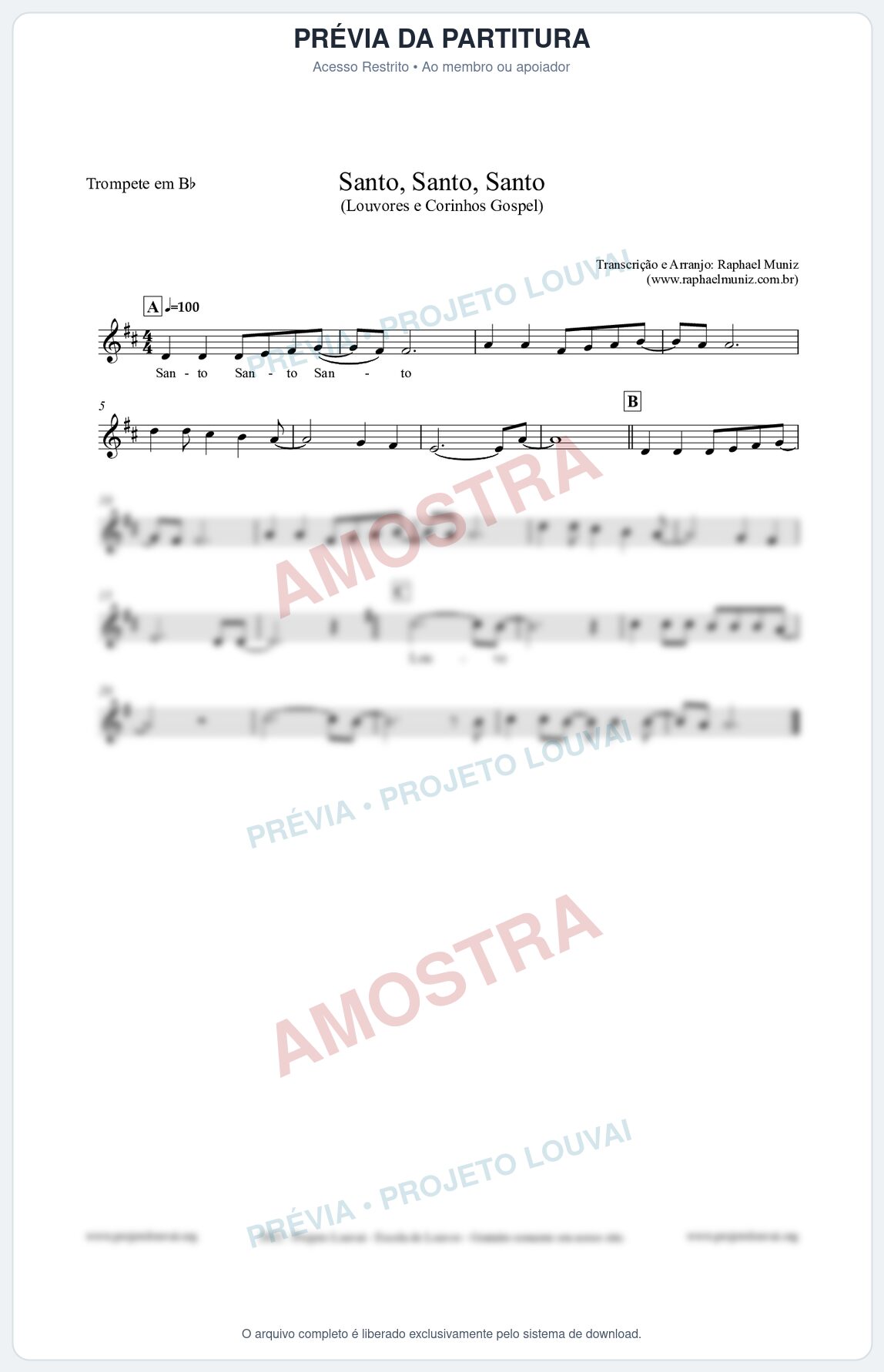 Prévia protegida da primeira página da partitura Partitura para Trompete em Bb - Santo, Santo, Santo - Louvores e Corinhos Gospel