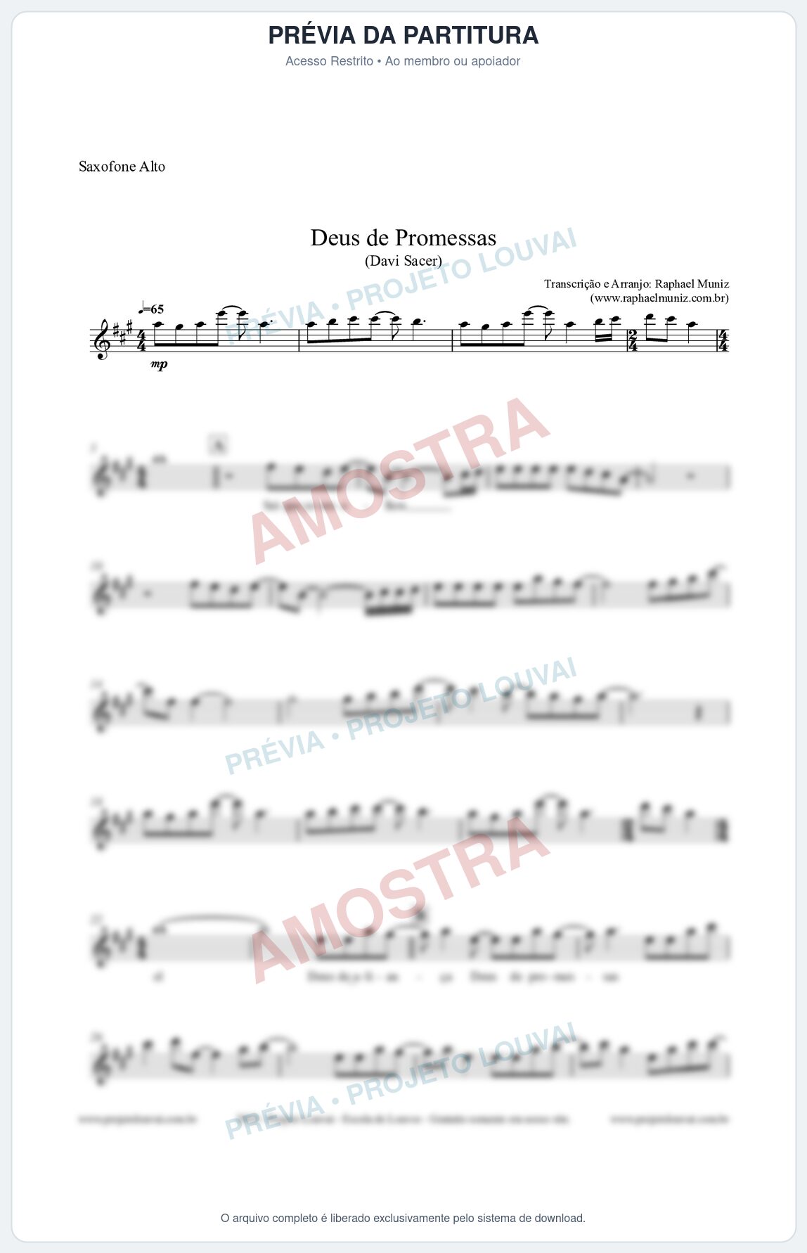 Prévia protegida da primeira página da partitura Partitura para Saxofone Alto - Deus de Promessas - Davi Sacer