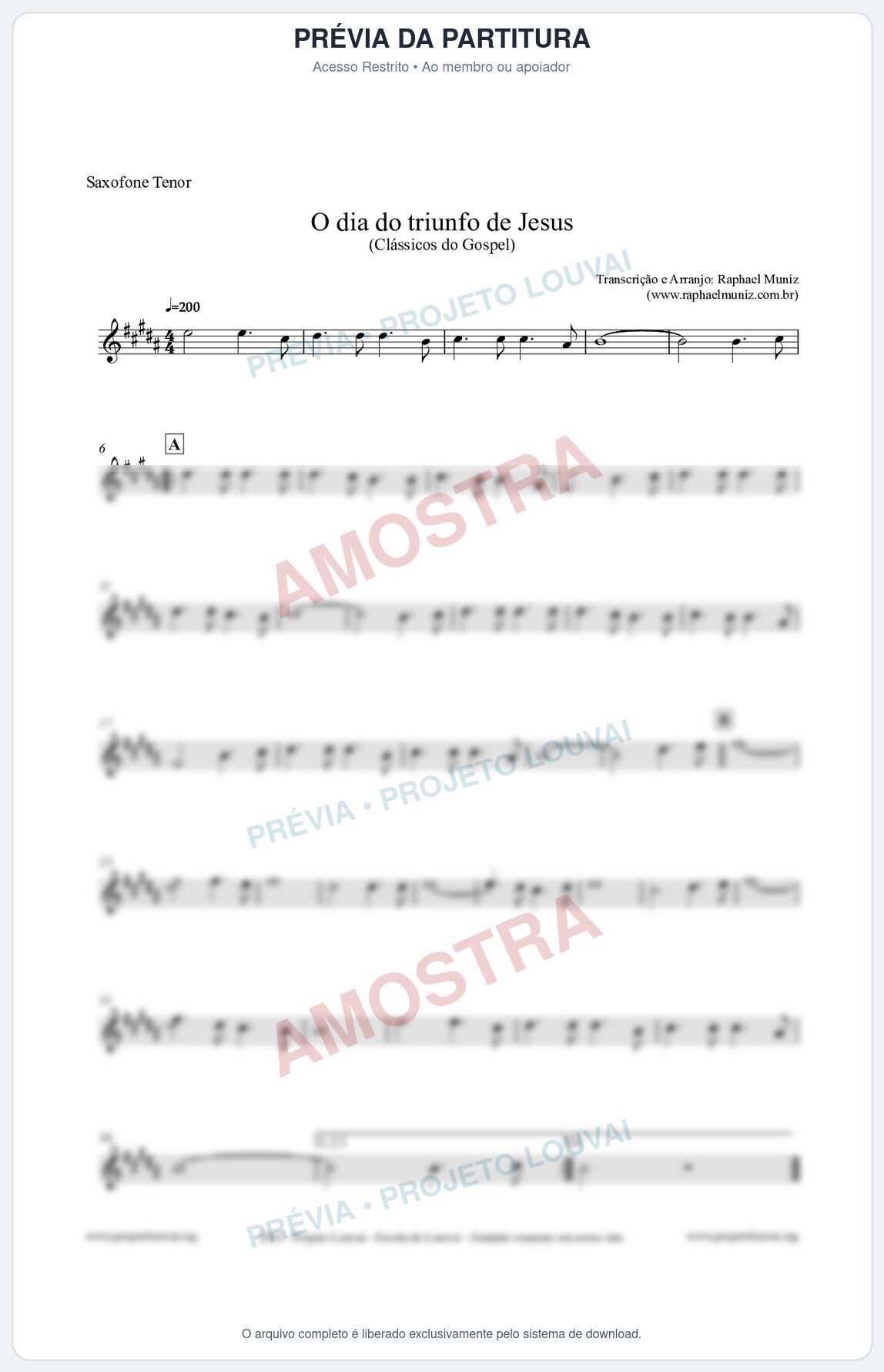 Prévia protegida da primeira página da partitura Partitura para Saxofone Tenor - O dia do triunfo de Jesus - Harpa Cristã nº48 - Clássicos do Gospel