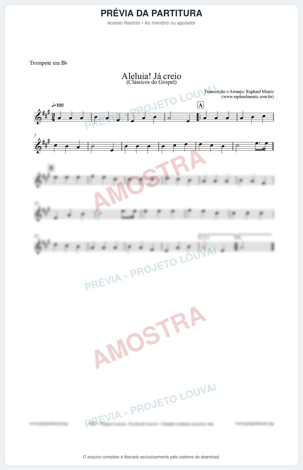 Prévia protegida da primeira página da partitura Partitura para Trompete em Bb - Aleluia! Já creio - Harpa Cristã nº49 - Clássicos do Gospel