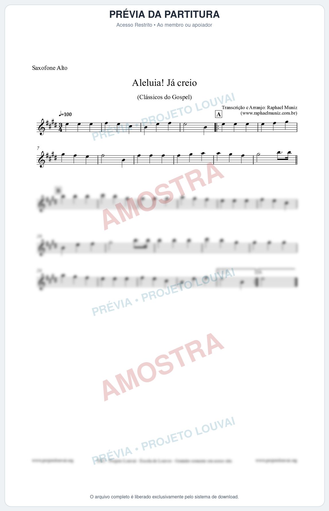 Prévia protegida da primeira página da partitura Partitura para Saxofone Alto - Aleluia! Já creio - Harpa Cristã nº49 - Clássicos do Gospel