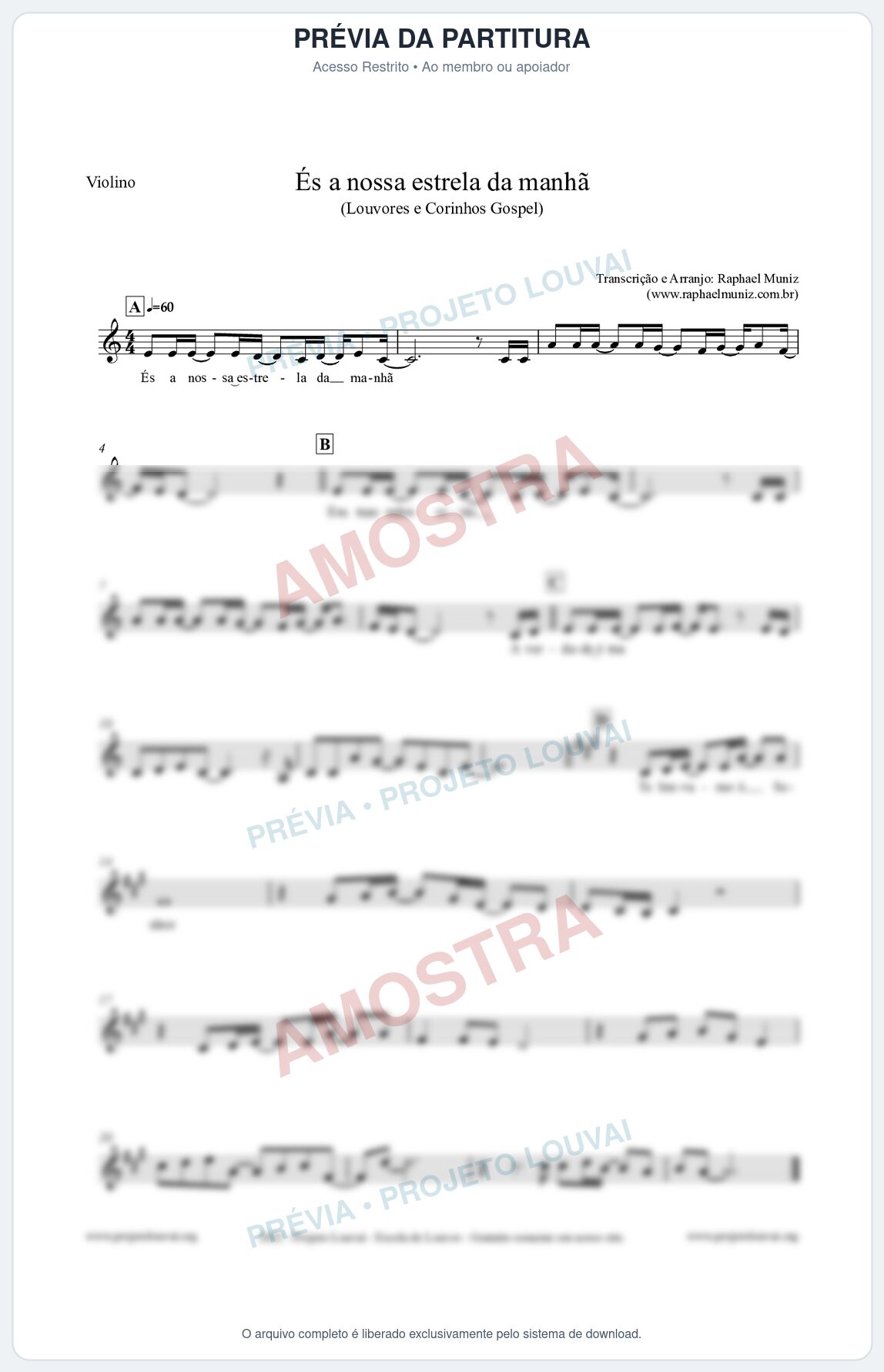 Prévia protegida da primeira página da partitura Partitura para Violino - És a nossa estrela da manhã - Louvores e Corinhos Gospel