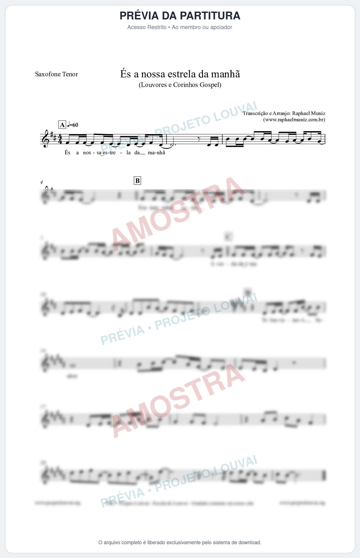 Prévia protegida da primeira página da partitura Partitura para Saxofone Tenor - És a nossa estrela da manhã - Louvores e Corinhos Gospel