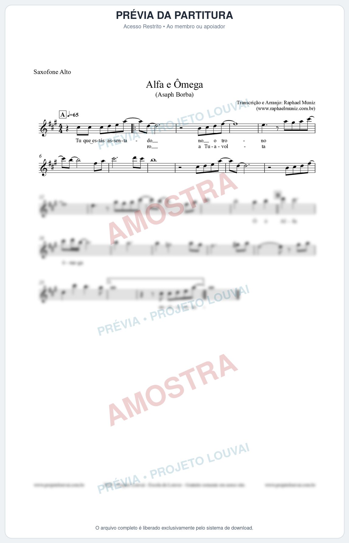 Prévia protegida da primeira página da partitura Partitura para Saxofone Alto - Alfa e Ômega - Asaph Borba