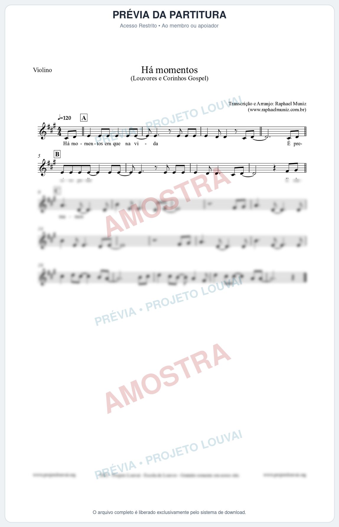 Prévia protegida da primeira página da partitura Partitura para Violino - Há momentos - Louvores e Corinhos Gospel