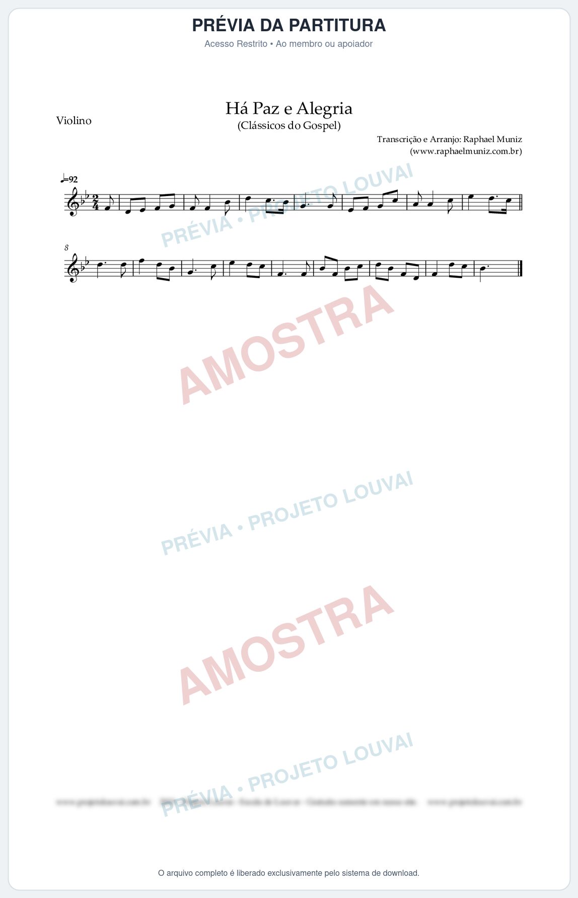 Prévia protegida da primeira página da partitura Partitura para Violino - Há Paz e Alegria - Harpa Cristã nº90 - Clássicos do Gospel