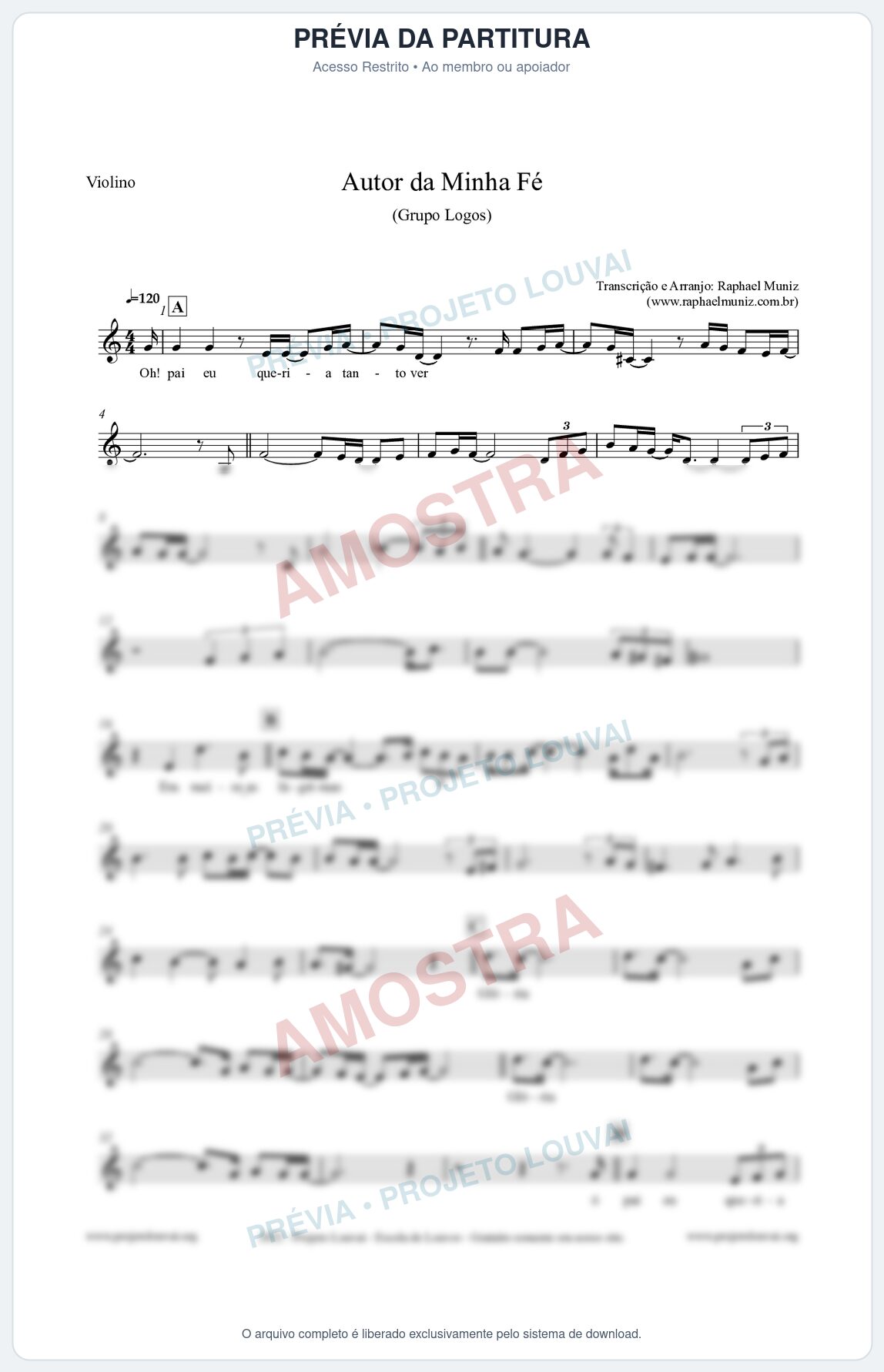 Prévia protegida da primeira página da partitura Partitura para Violino - Autor da minha fé - Grupo Logos