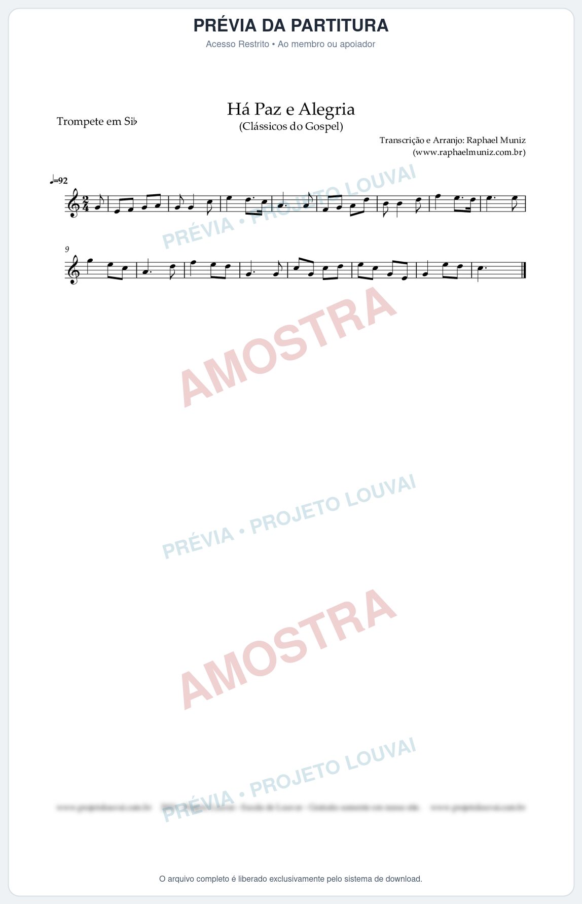 Prévia protegida da primeira página da partitura Partitura para Trompete em Bb - Há Paz e Alegria - Harpa Cristã nº90 - Clássicos do Gospel