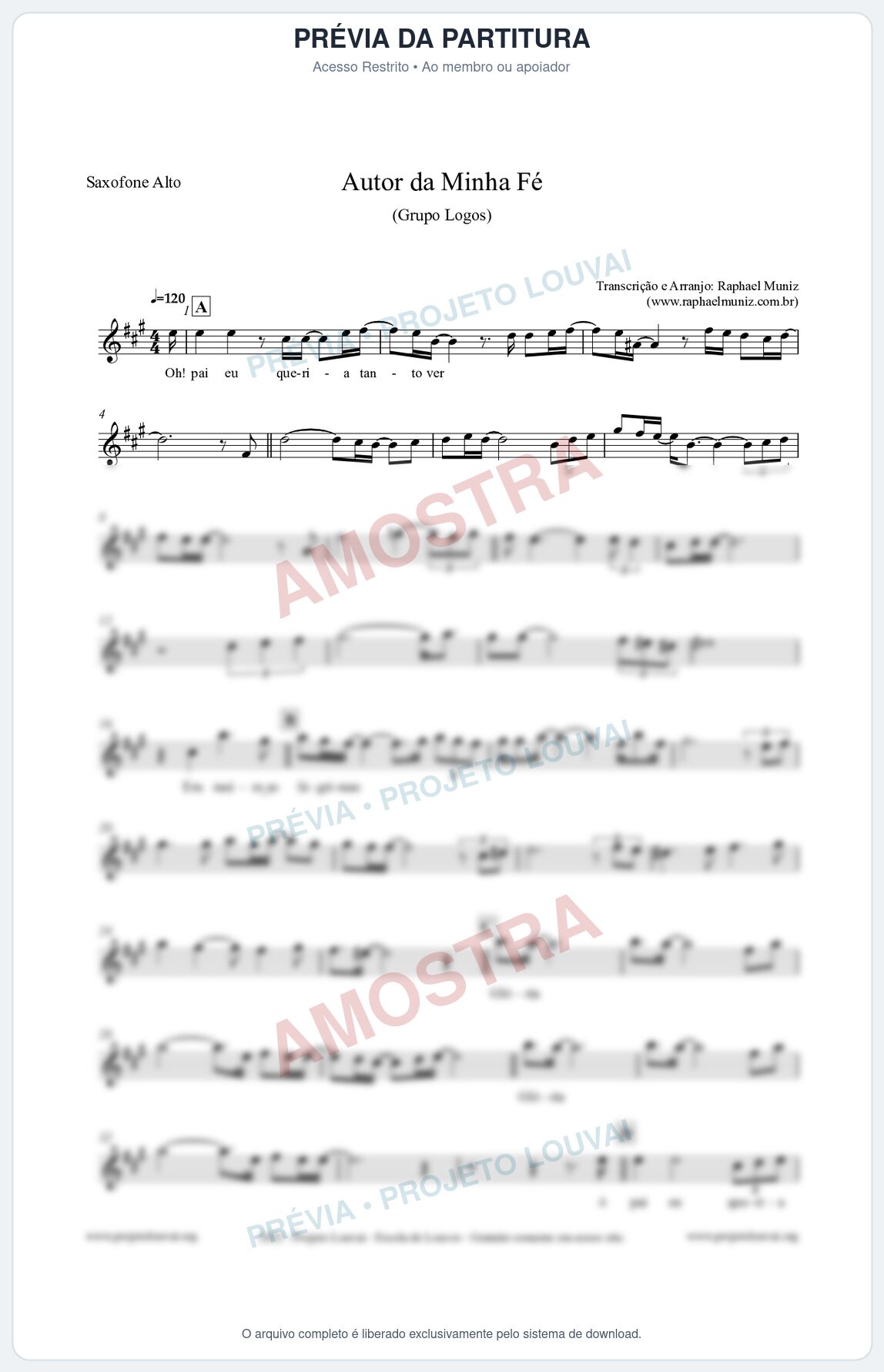 Prévia protegida da primeira página da partitura Partitura para Saxofone Alto - Autor da minha fé - Grupo Logos