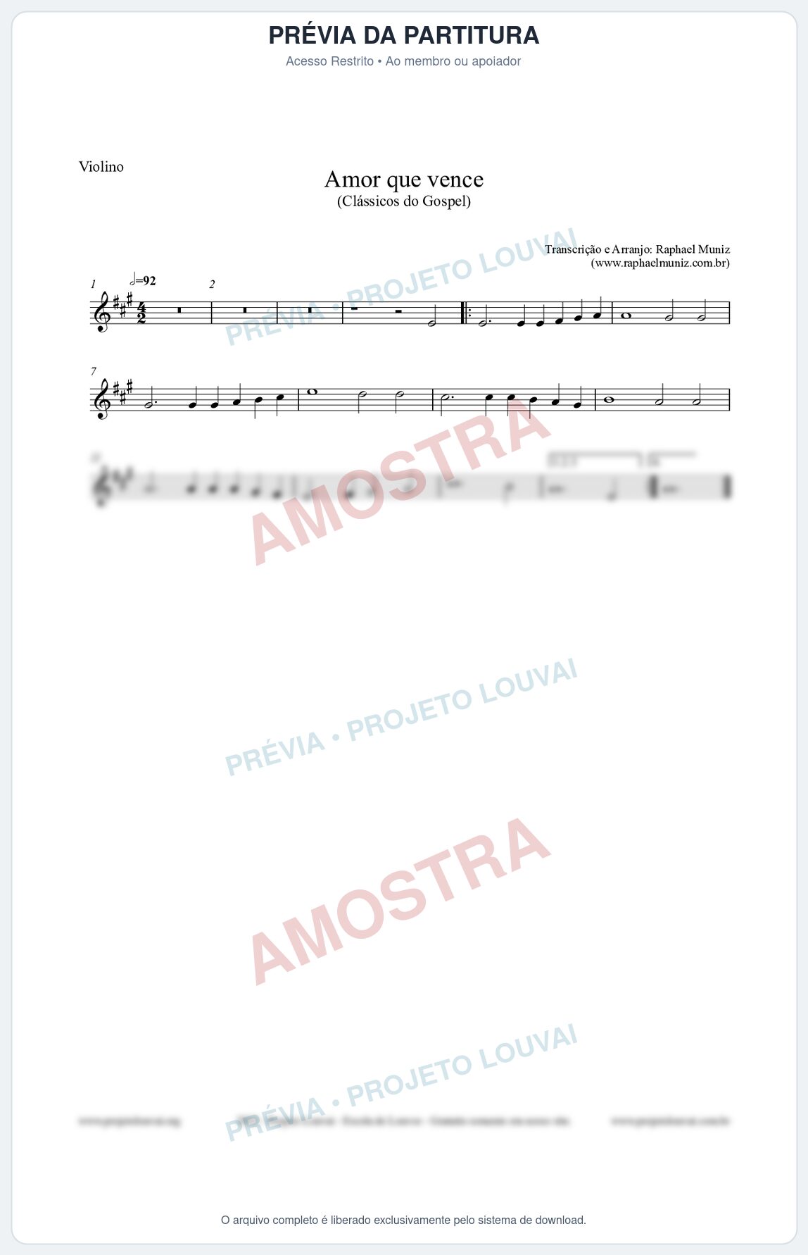 Prévia protegida da primeira página da partitura Partitura para Violino - Amor que vence - Harpa Cristã nº27 - Clássicos do Gospel
