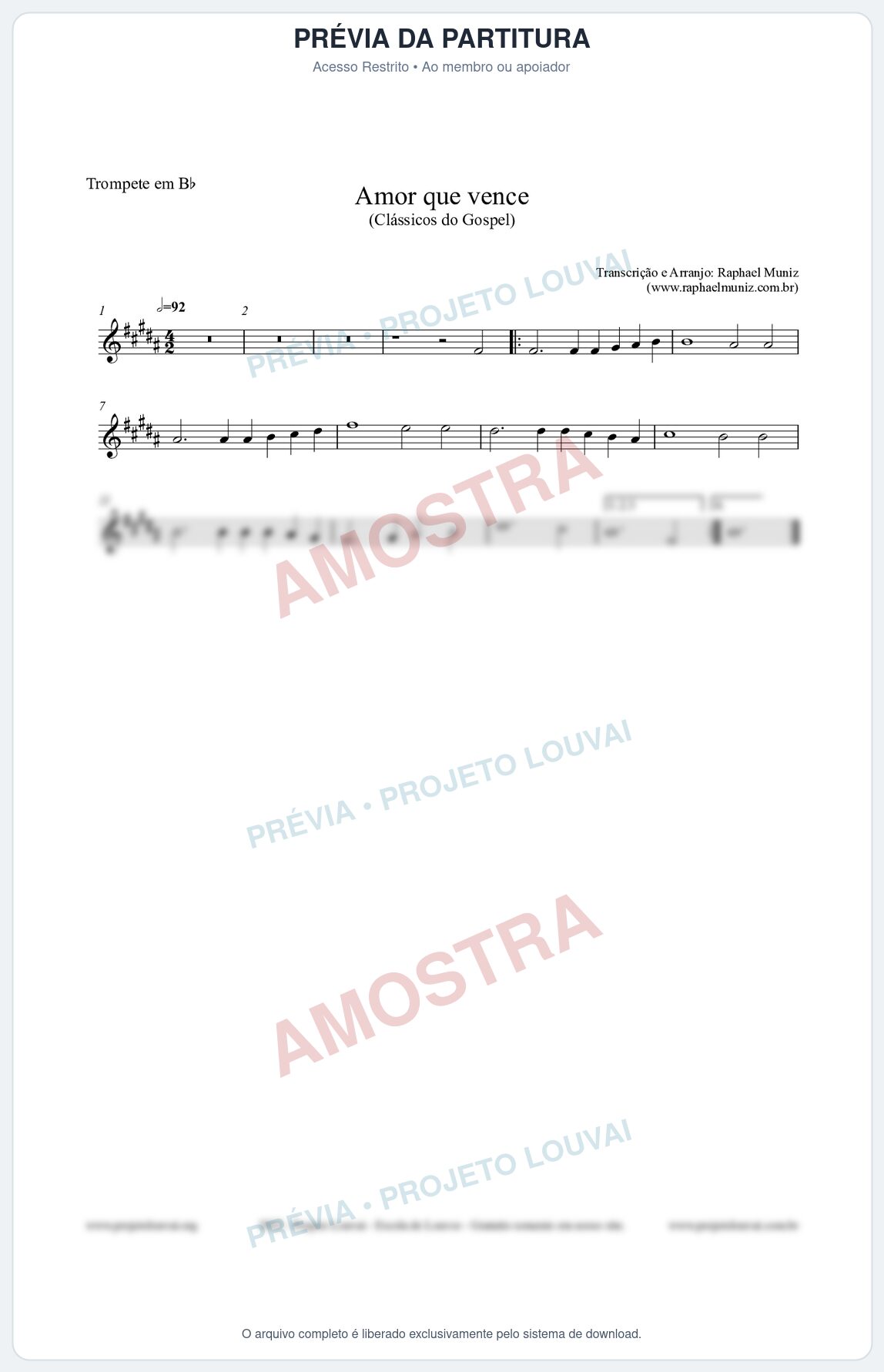 Prévia protegida da primeira página da partitura Partitura para Trompete em Bb - Amor que vence - Harpa Cristã nº27 - Clássicos do Gospel