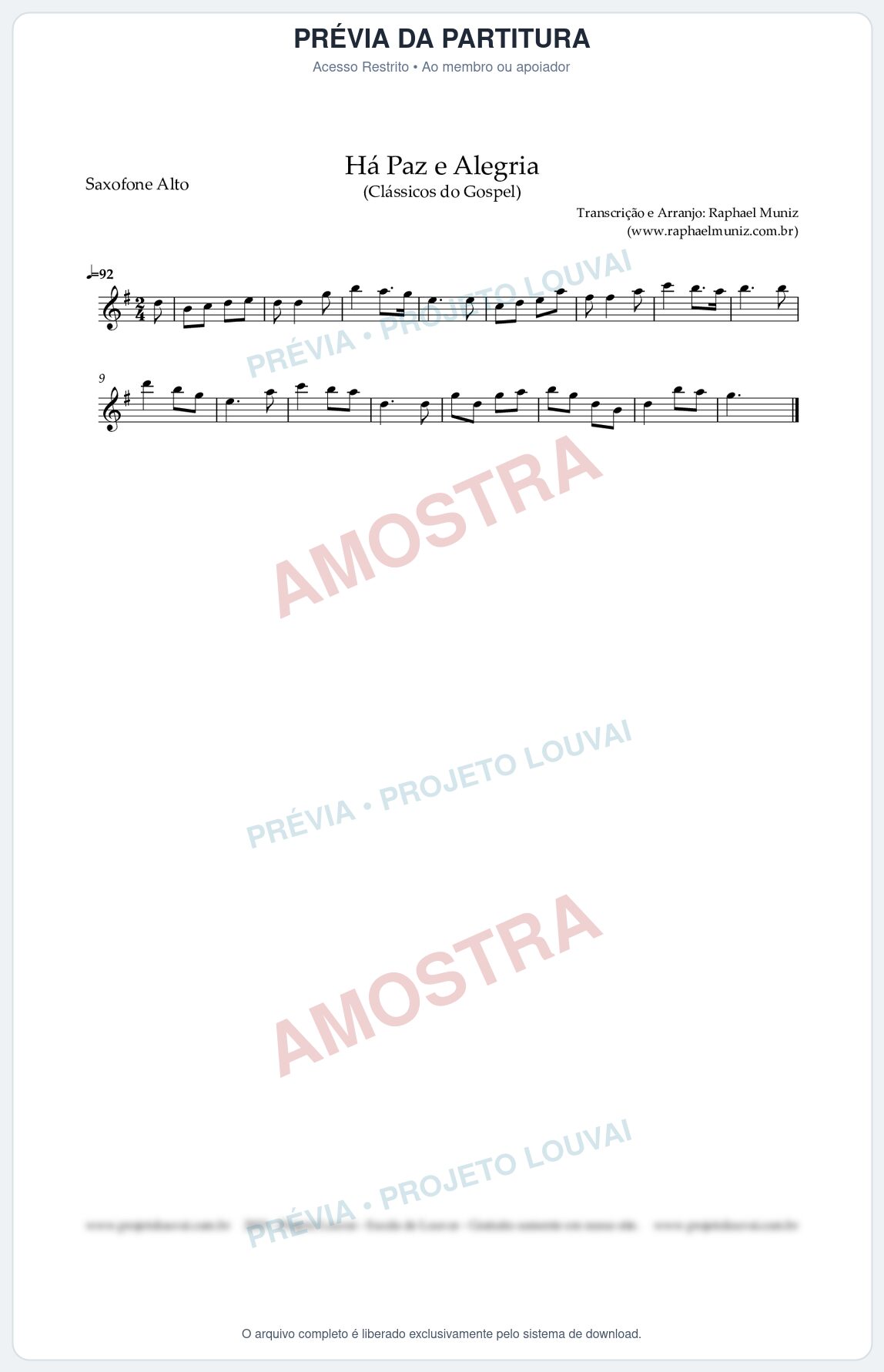 Prévia protegida da primeira página da partitura Partitura para Saxofone Alto - Há Paz e Alegria - Harpa Cristã nº90 - Clássicos do Gospel