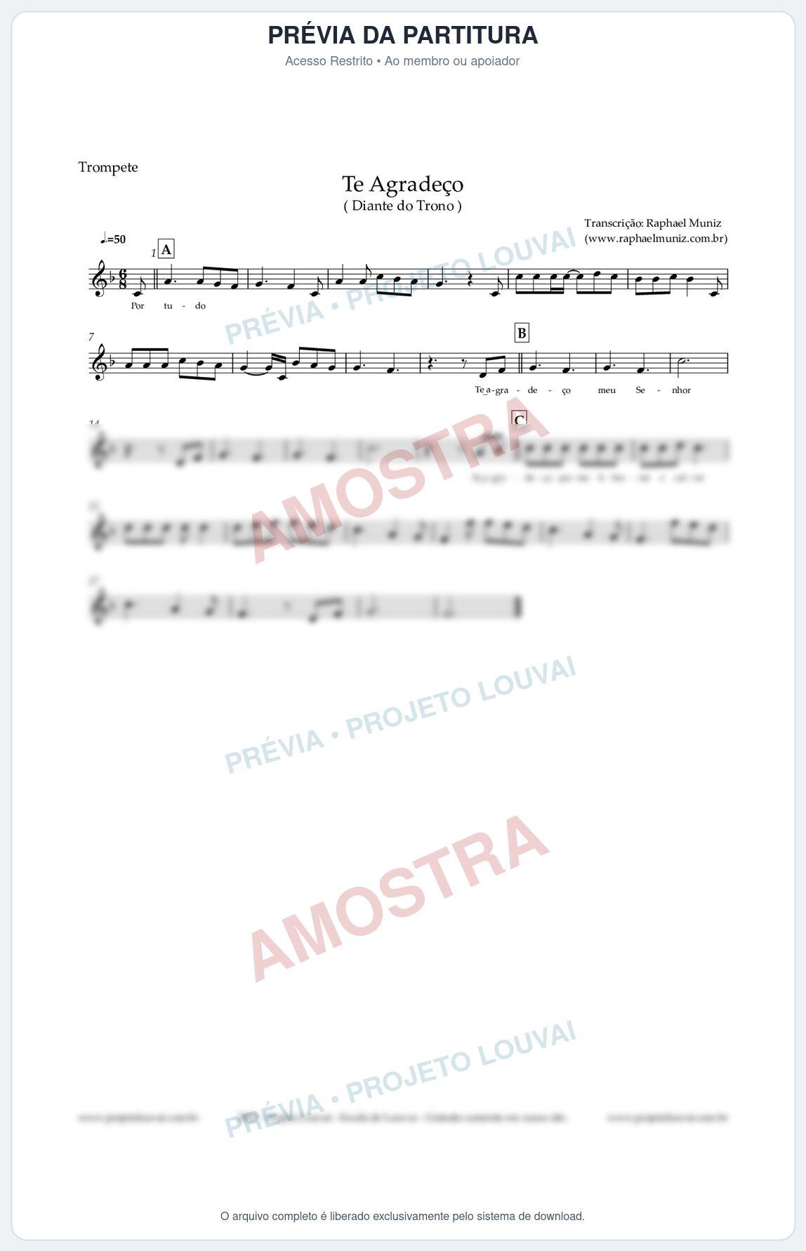 Prévia protegida da primeira página da partitura Partitura para Trompete em Bb - Te Agradeço - Diante do Trono