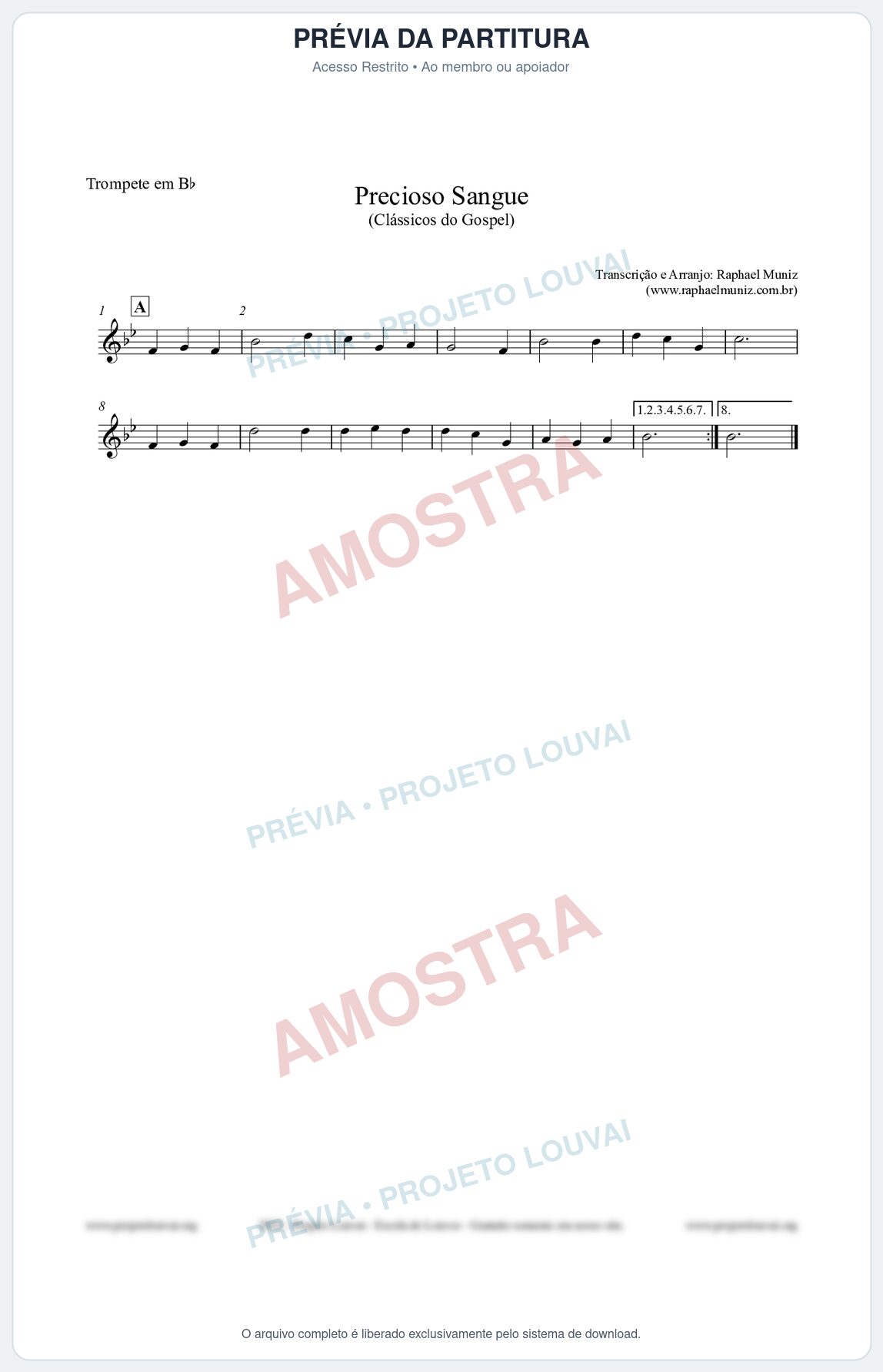 Prévia protegida da primeira página da partitura Partitura para Trompete em Bb - Precioso Sangue - Harpa Cristã nº29 - Clássicos do Gospel