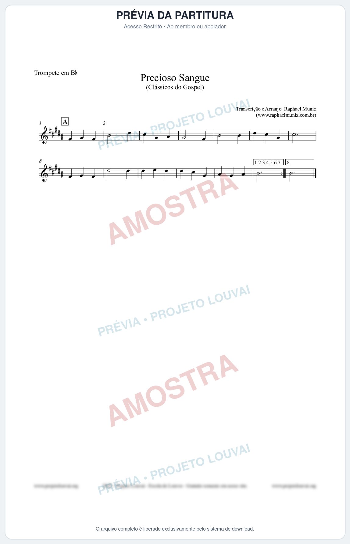 Prévia protegida da primeira página da partitura Partitura para Trompete em Bb - Precioso Sangue - Harpa Cristã nº29 - Clássicos do Gospel