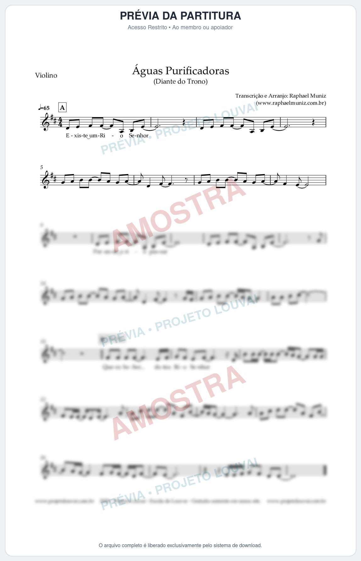 Prévia protegida da primeira página da partitura Partitura para Violino - Águas Purificadoras - Diante do Trono