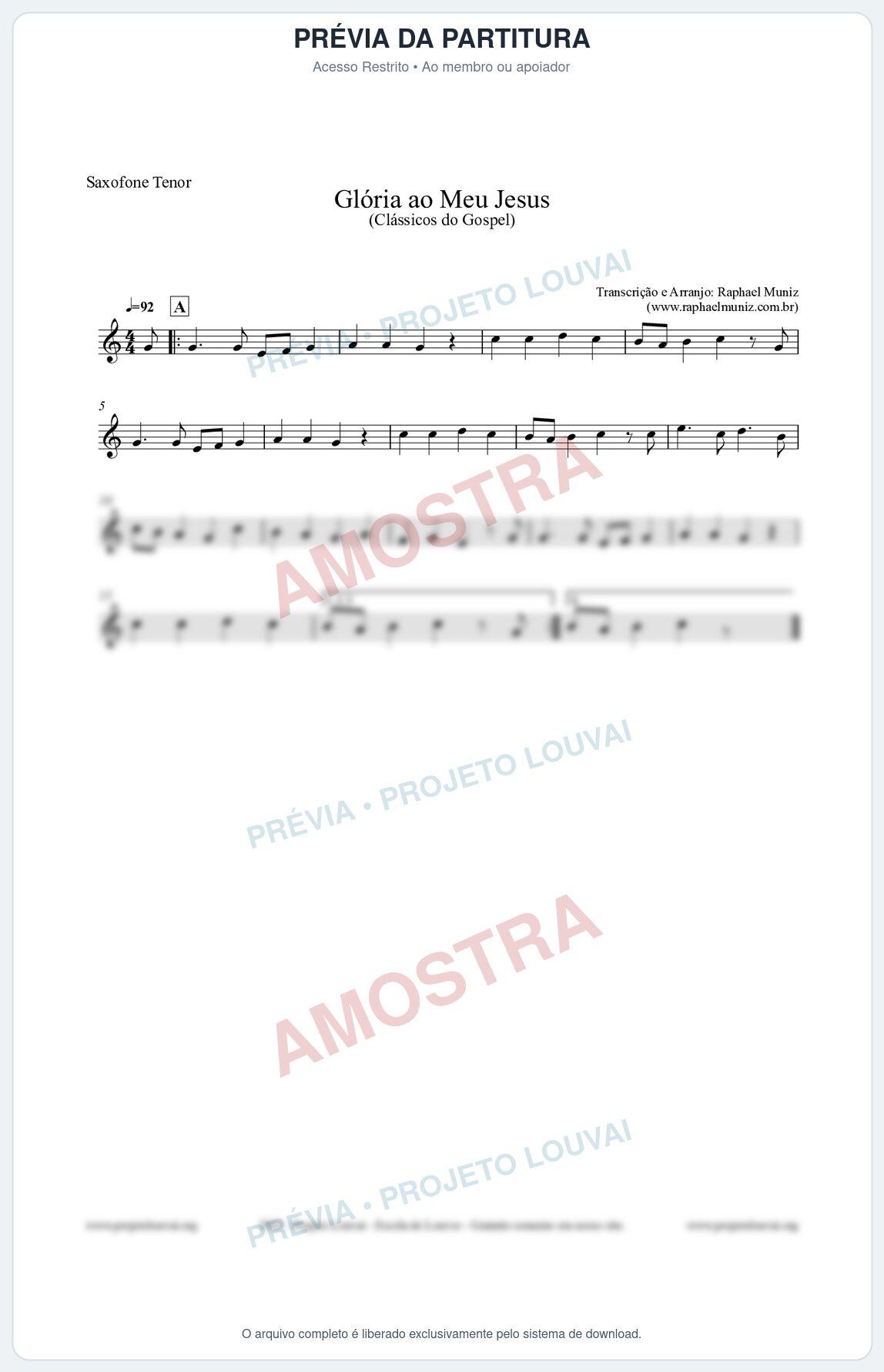 Prévia protegida da primeira página da partitura Partitura para Saxofone Tenor - Glória ao meu Jesus - Harpa Cristã nº31 - Clássicos do Gospel