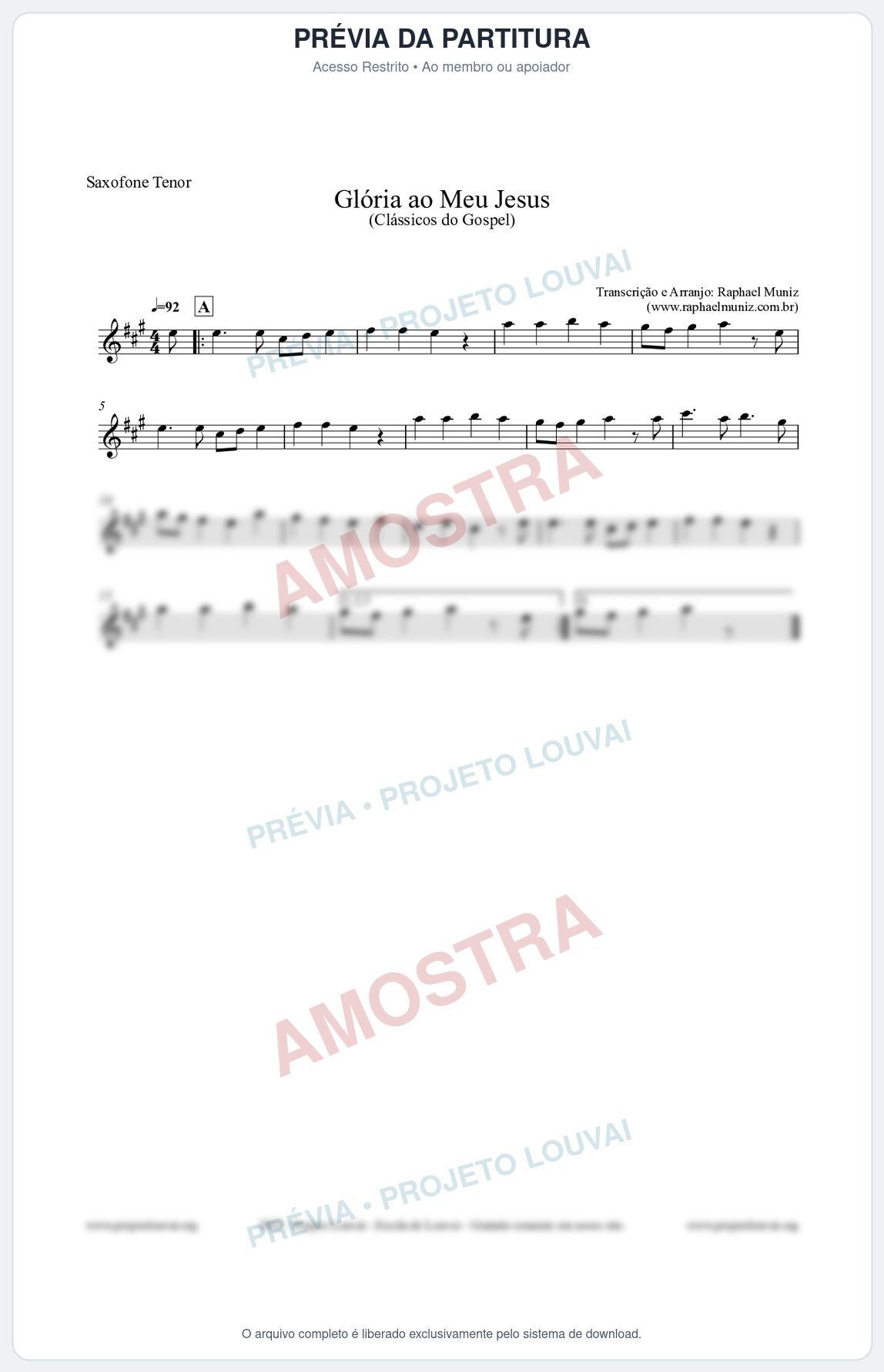 Prévia protegida da primeira página da partitura Partitura para Saxofone Tenor - Glória ao meu Jesus - Harpa Cristã nº31 - Clássicos do Gospel