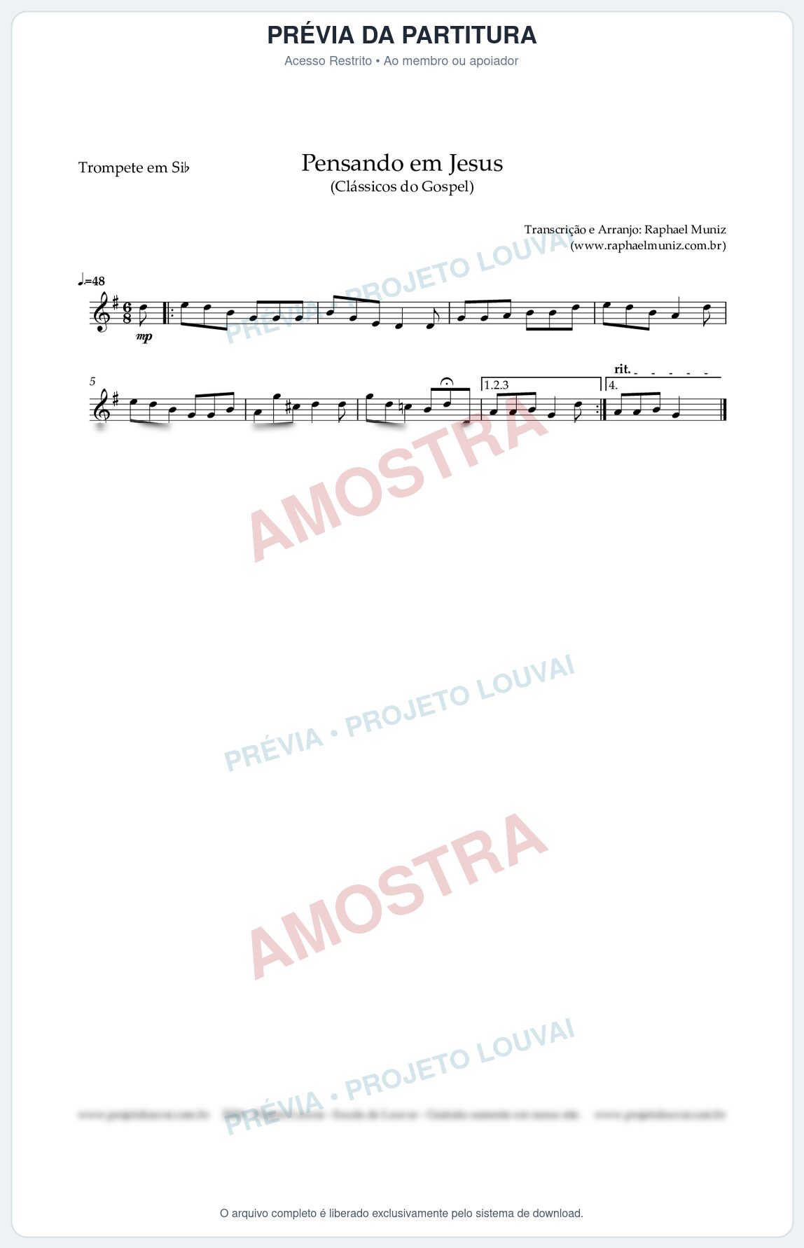 Prévia protegida da primeira página da partitura Partitura para Trompete em Bb - Pensando em Jesus - Harpa Cristã nº 17 - Clássicos do Gospel
