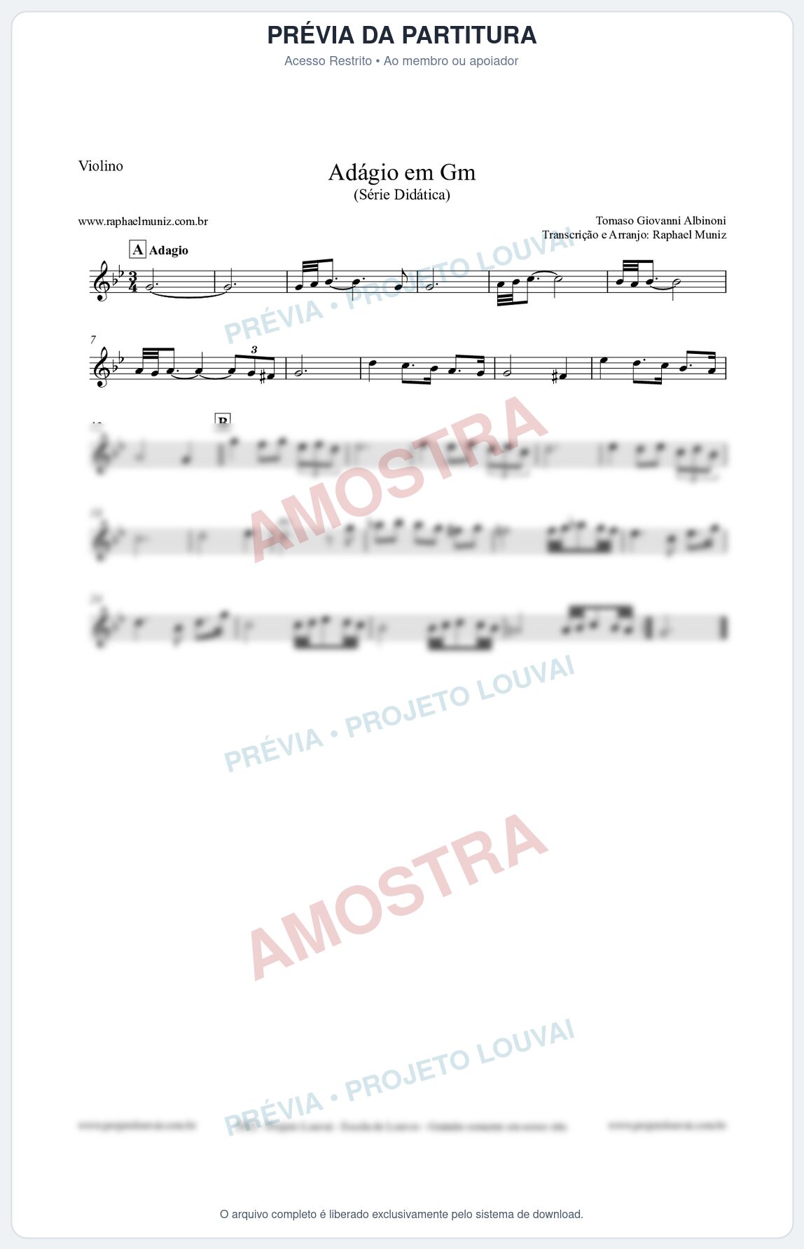 Prévia protegida da primeira página da partitura Partitura para Violino - Adágio em Gm - Série Didática
